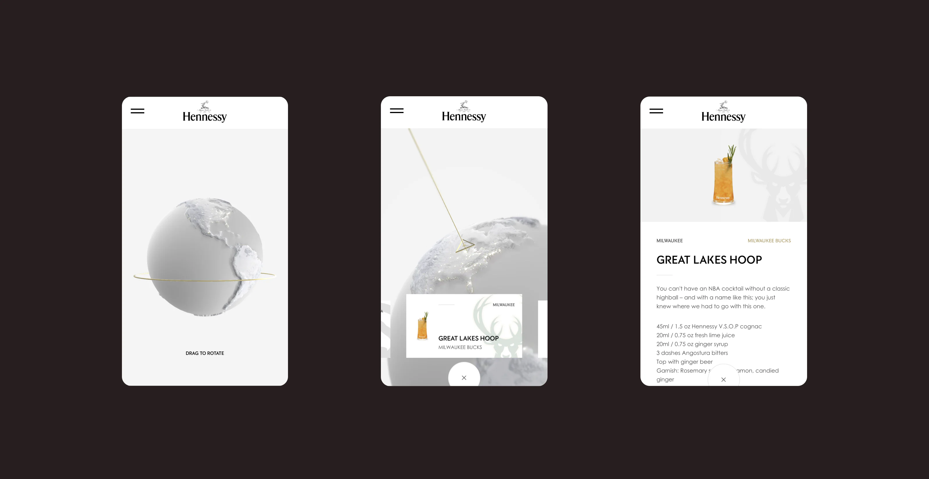 Three static screens of the mobile version. First one, the very beginning of the experience where the user is asked to drag the planet to unlock the content. In this screen, we see the 3D planet with a golden ring around it. Second screen is the view of a hotspot of a Cocktail with its information card. Third is the content page with the receipe of the cocktail.