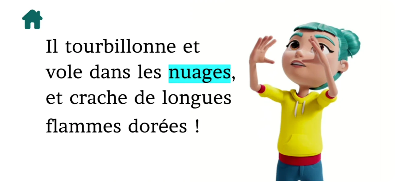 3D character signing "Il tourbillonne et vole dans les nuages, et crache de longues flammes dorées!"