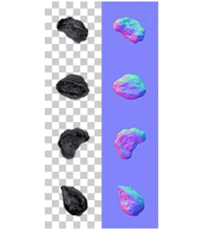 Before/After picture of the 4 models and textures created for the asteroid.