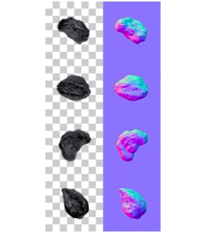Before/After picture of the 4 models and textures created for the asteroid.