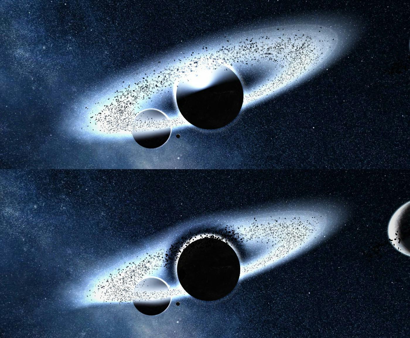 2 pictures of different position of asteroids around a planet.