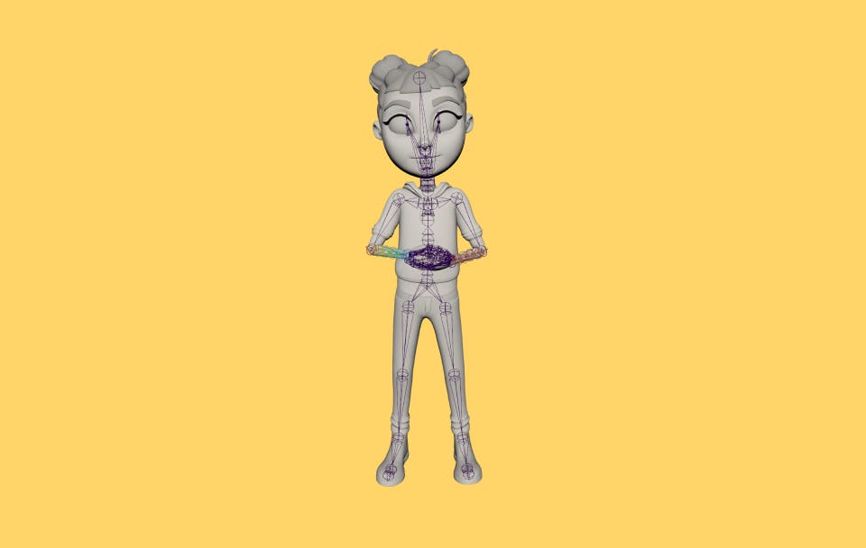 3D animated character on a yellow background