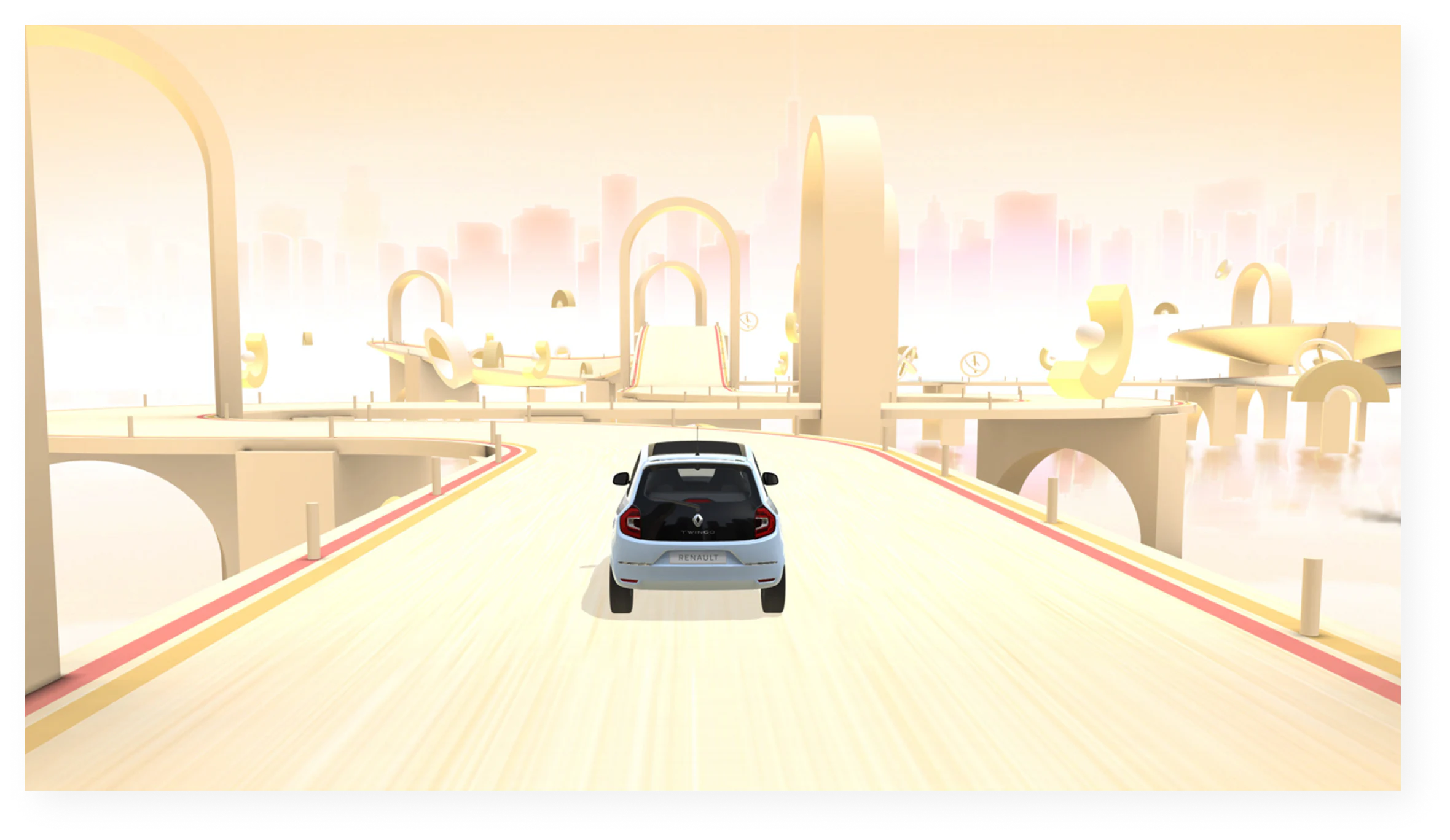 From behind, we see a blue Renault Twingo.