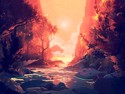 Animated river between mountains, red-toned image.