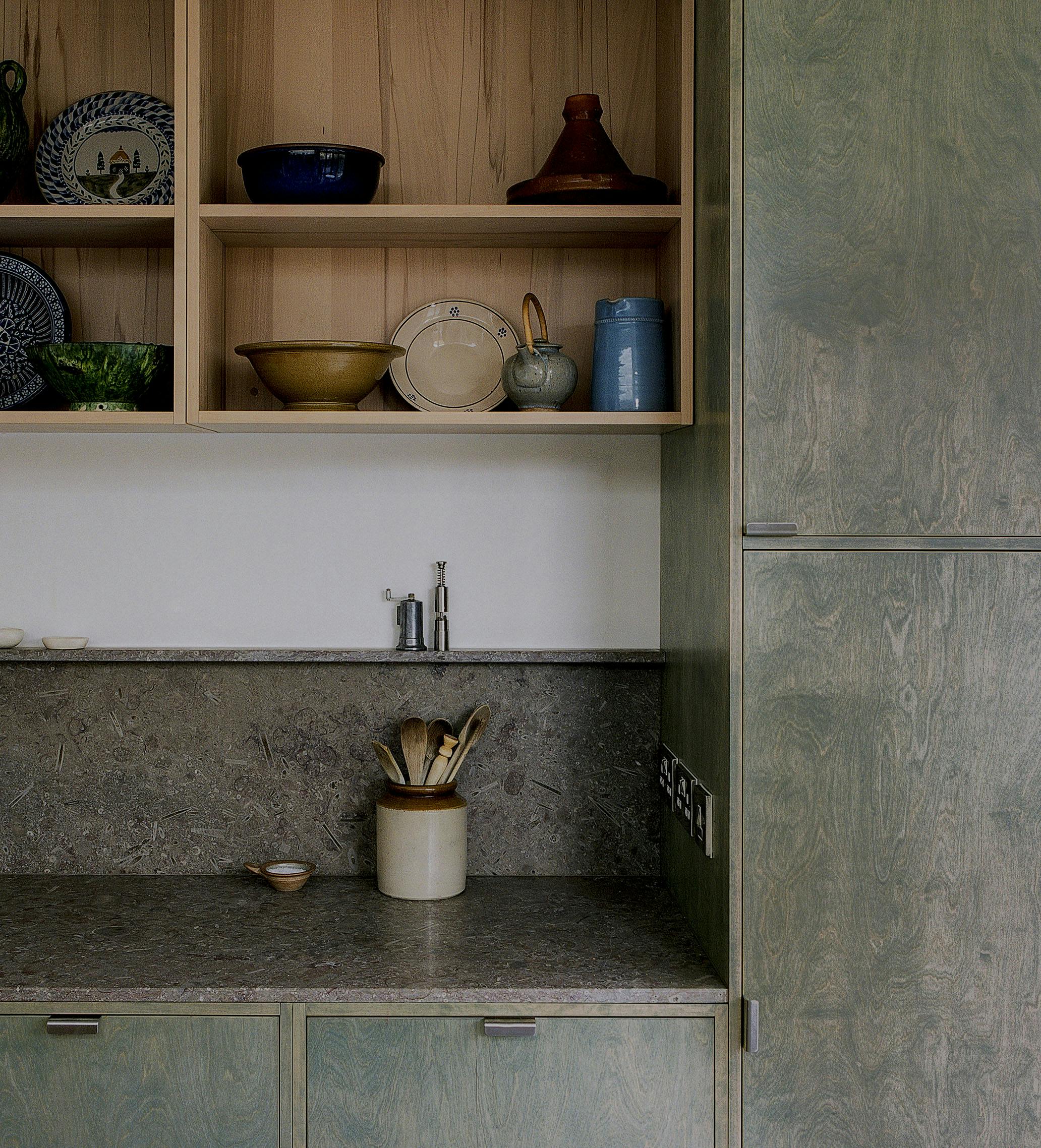 Contemporary wooden Ma-kon kitchen with limestone worktop in Sheffield.