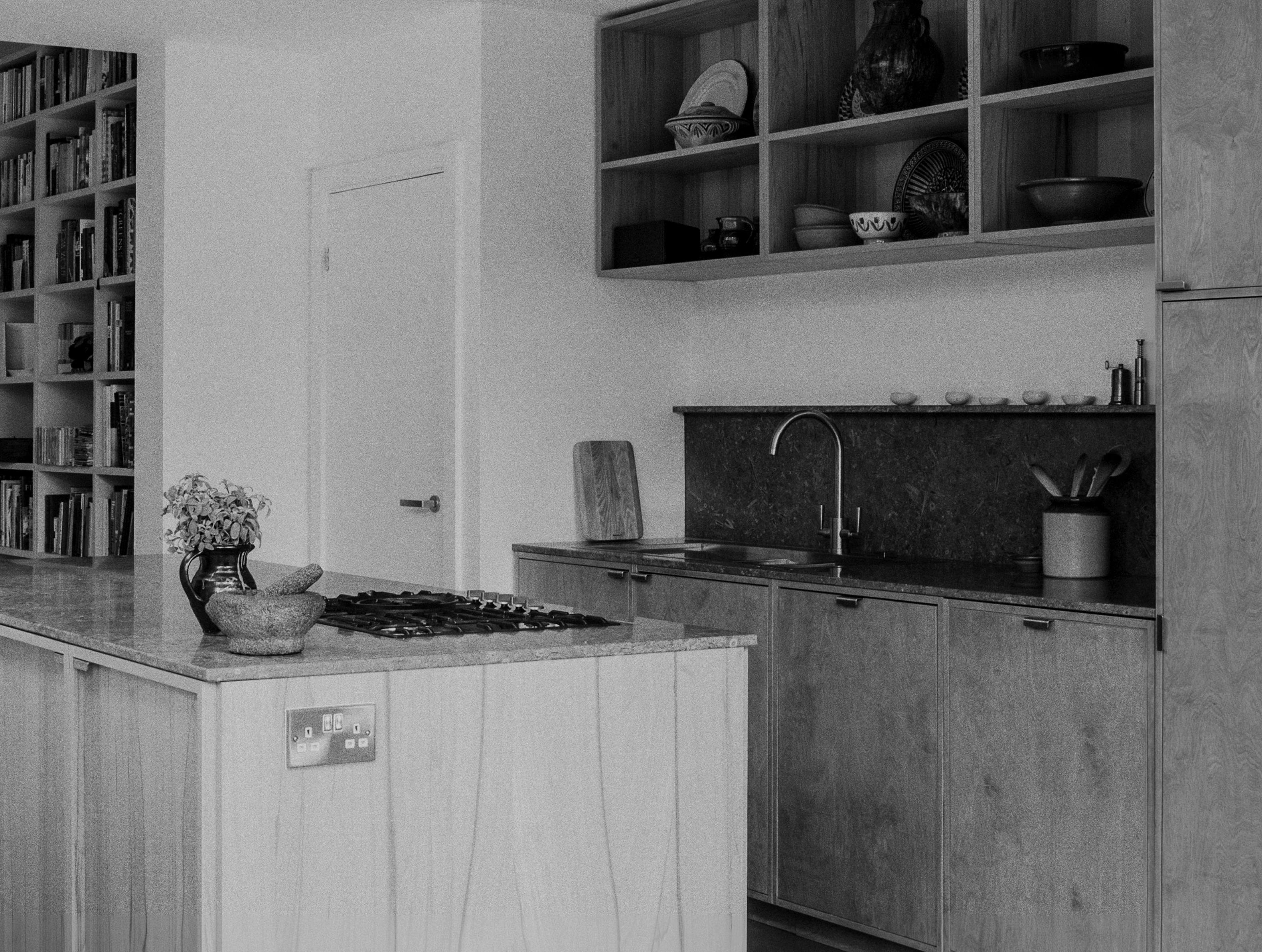 Contemporary wooden Ma-kon kitchen with limestone worktop in Sheffield.