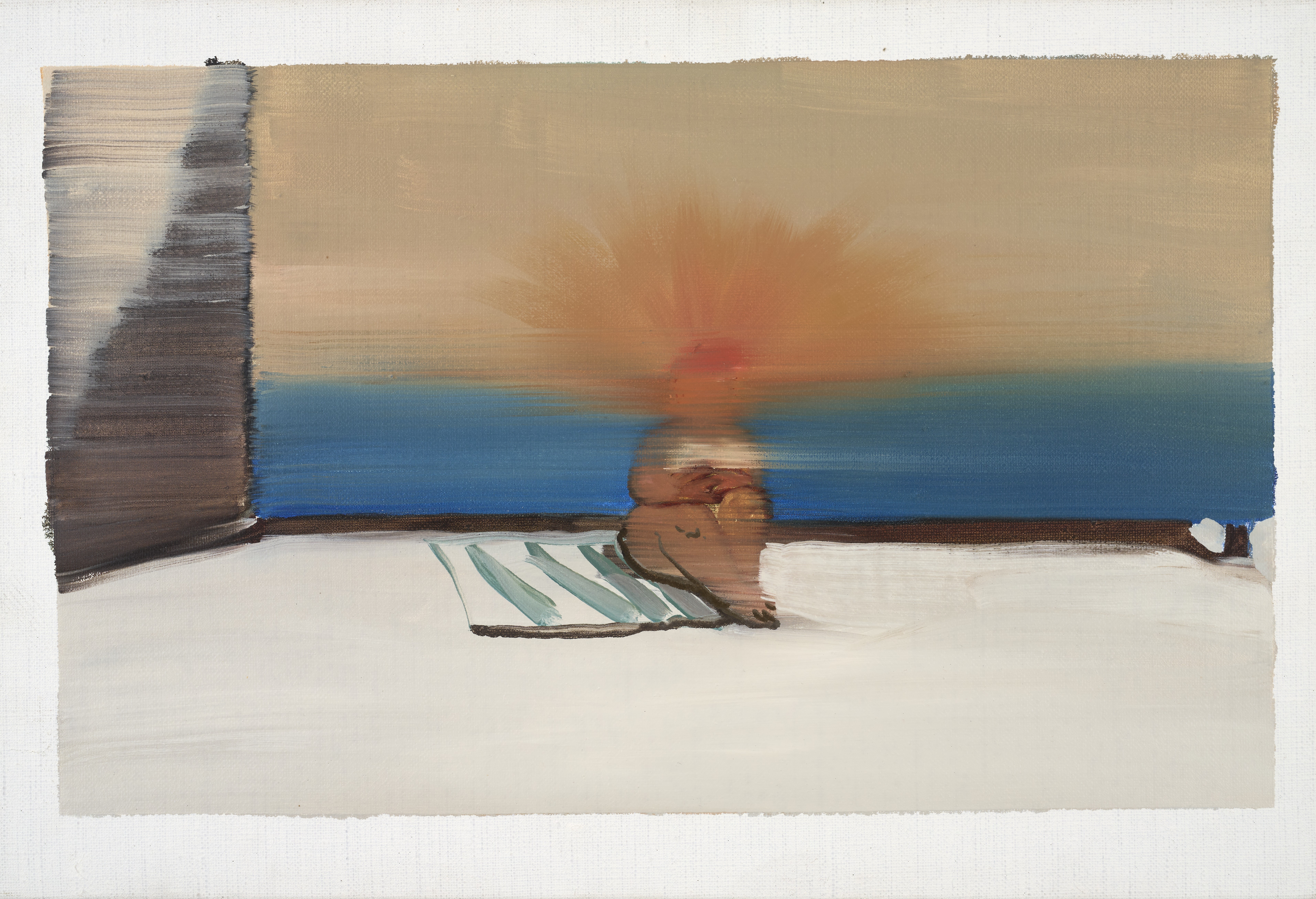 Beach, in the center a sun-kissed woman sits on a striped blanket in the gray-white sand, blue sea, the woman's head merges with the pink sunset. On the left side a gray-brown vertical wall.