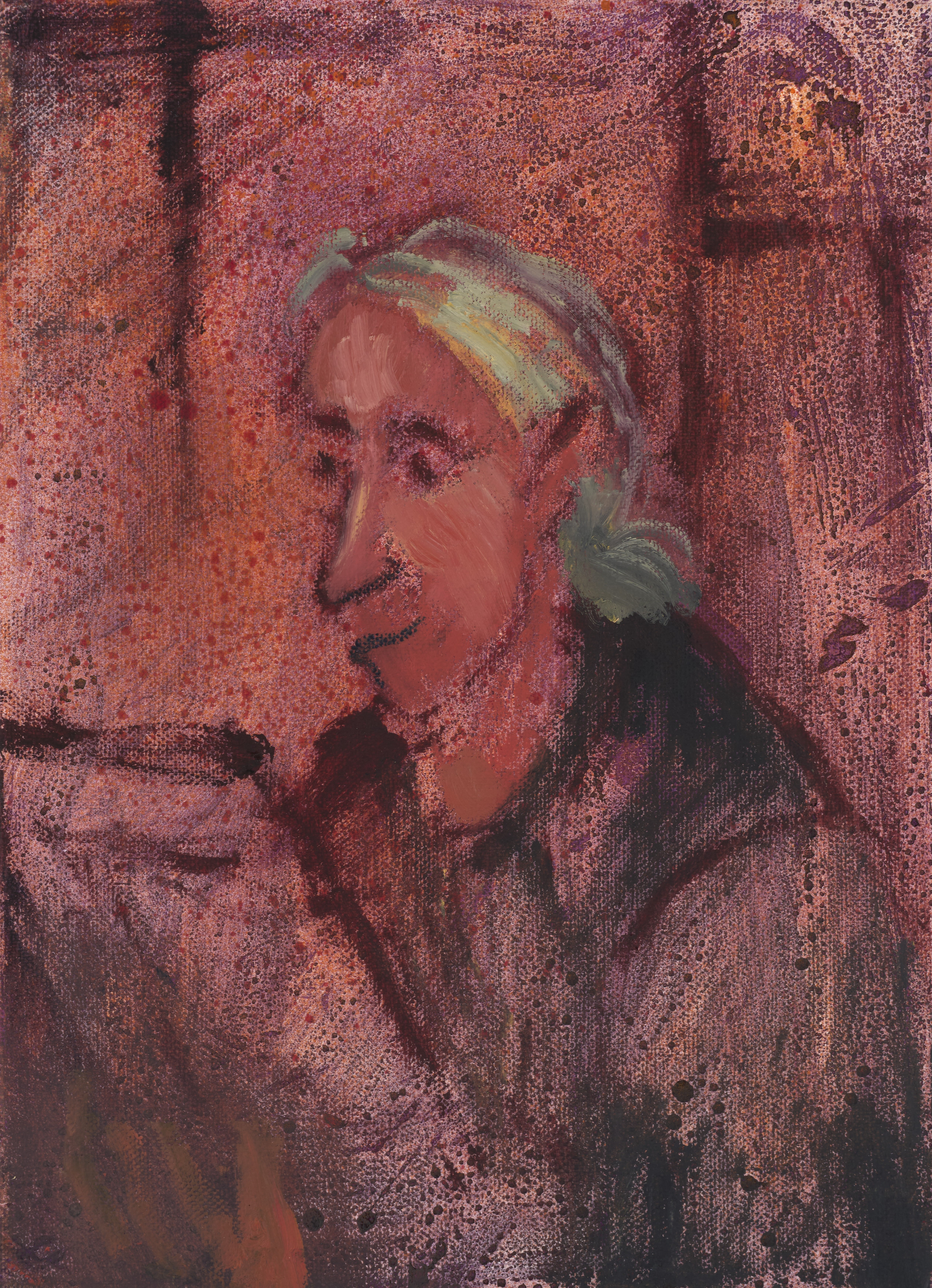 Vertical painting in reddish-brown and purple tones depicting a grey-haired woman in profile with a long nose. She is wearing a jacket and holding a newspaper in her hands.