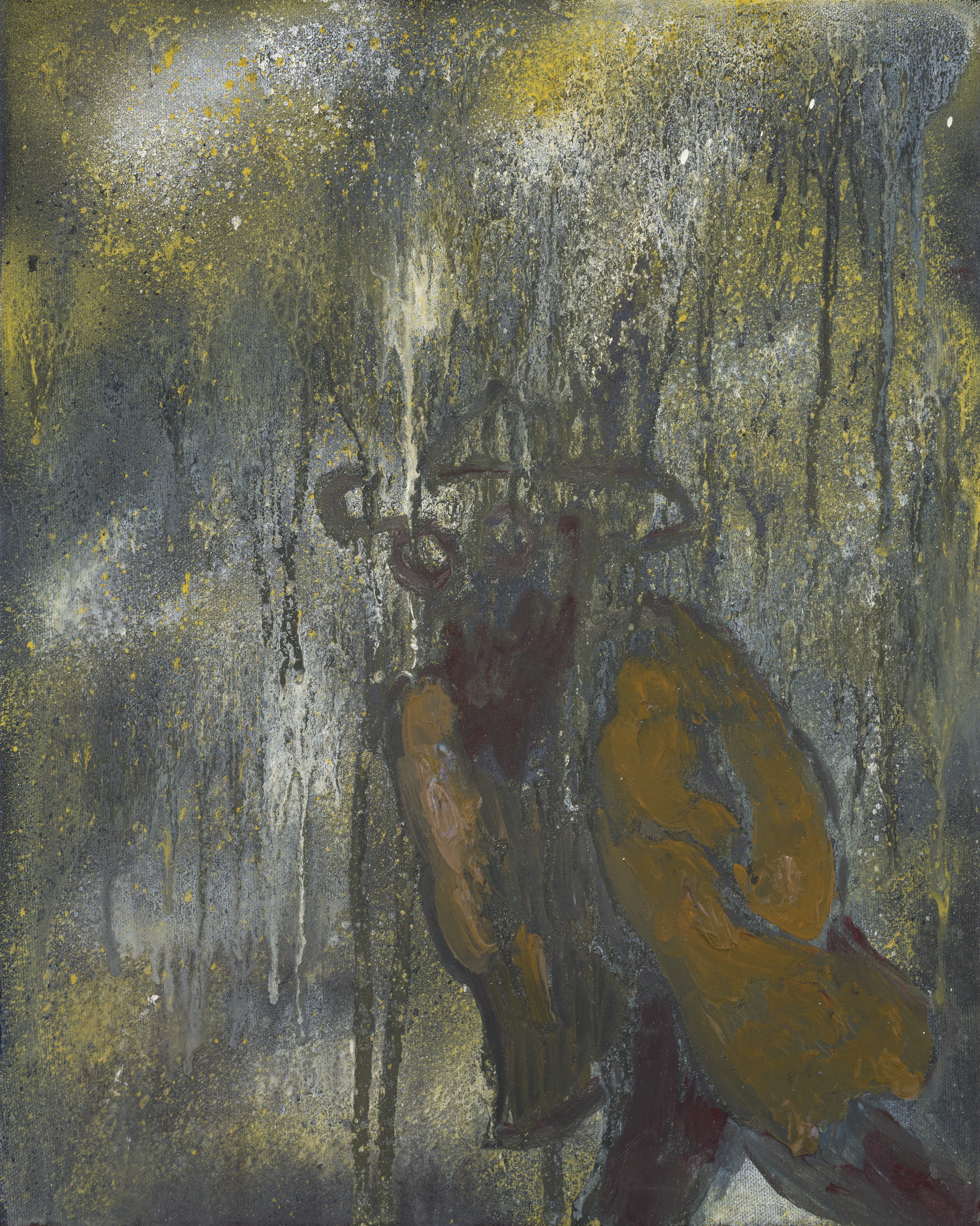 Vertical painting in grey, yellow, and brown tones. On the right is a humanoid figure wearing a coat and a hat. The background features blurred vertical brushstrokes and splashes of yellow paint.