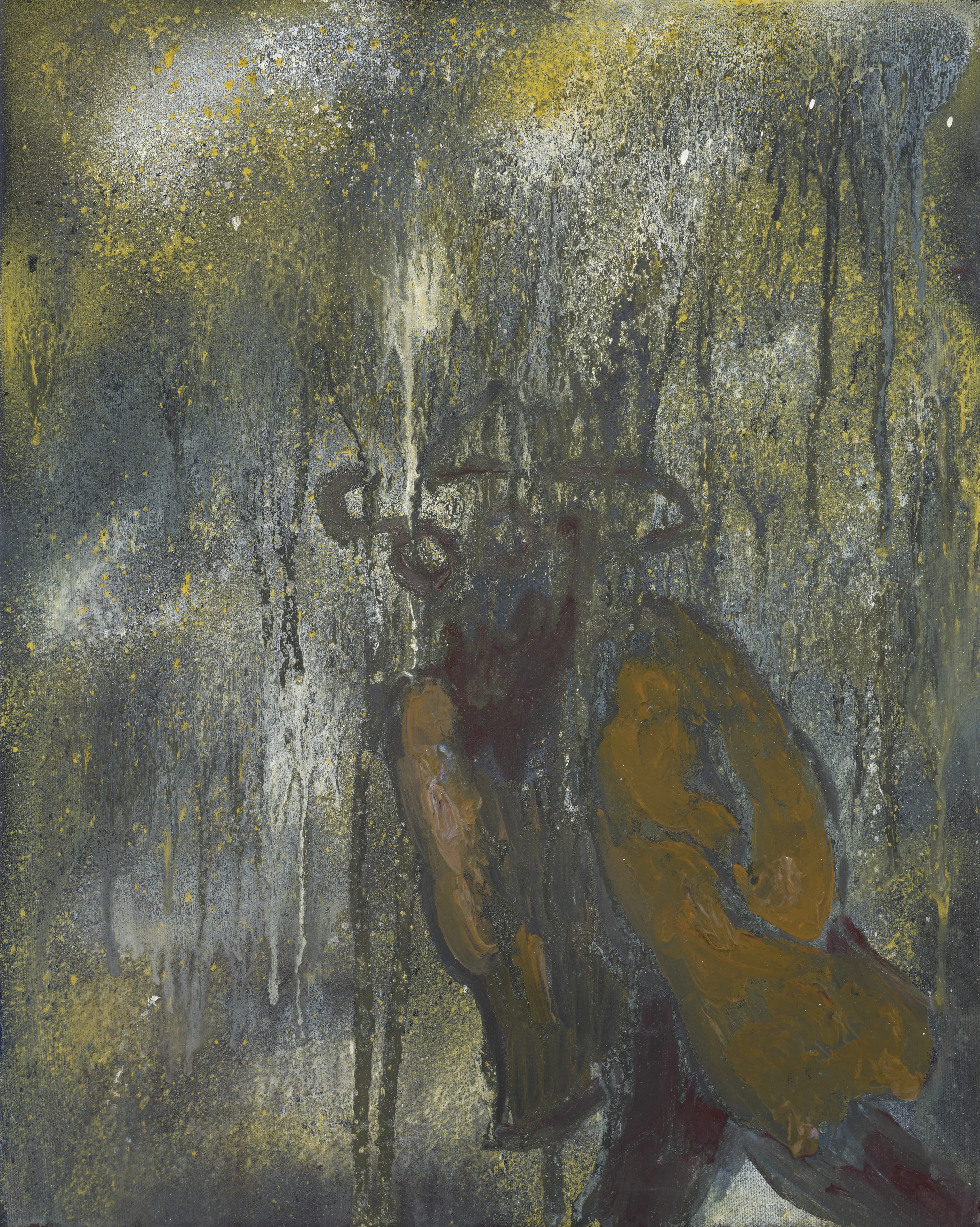 Vertical painting in grey, yellow, and brown tones. On the right is a humanoid figure wearing a coat and a hat. The background features blurred vertical brushstrokes and splashes of yellow paint.