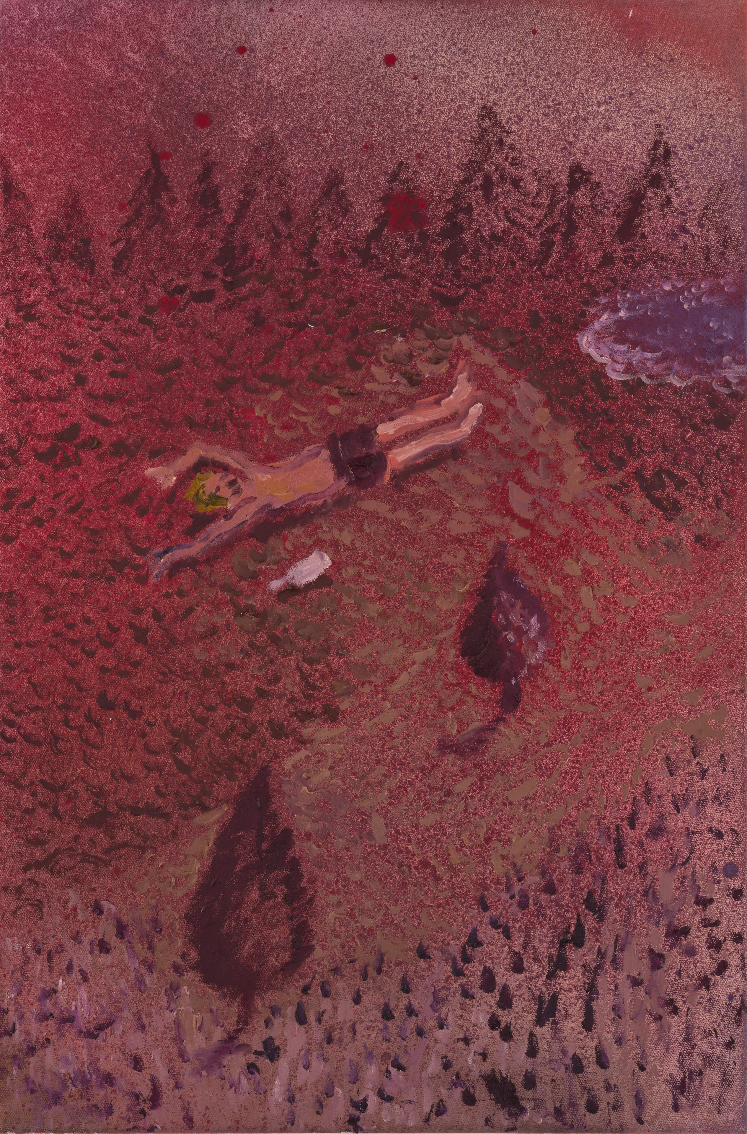 Vertical painting in reddish-brown and purple tones depicting a forest landscape. At the centre, a partially nude person lies on the ground, surrounded by dark silhouettes of trees and several abstract shapes.