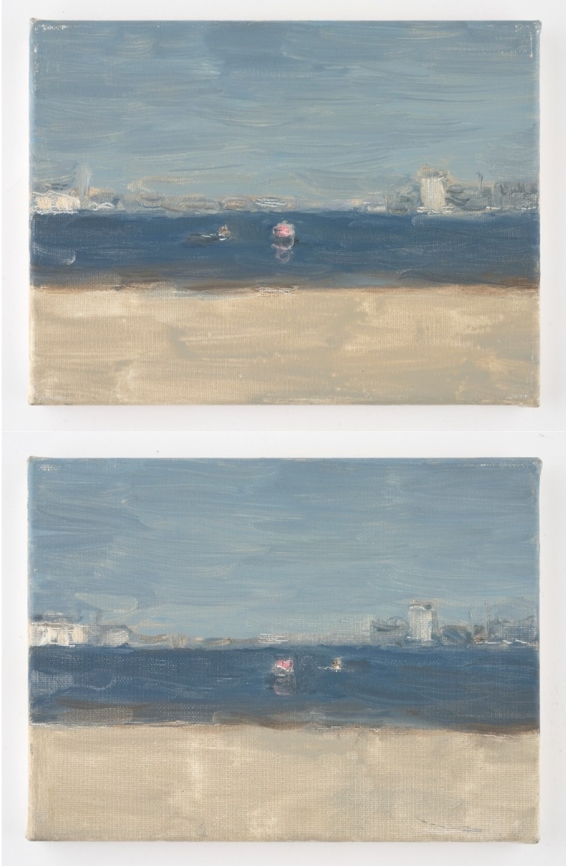 A two-part painting in light grey, blue, and beige tones. Both paintings depict a coastal landscape with a dark band of water, city buildings in the distance, and two small buoys in the water.