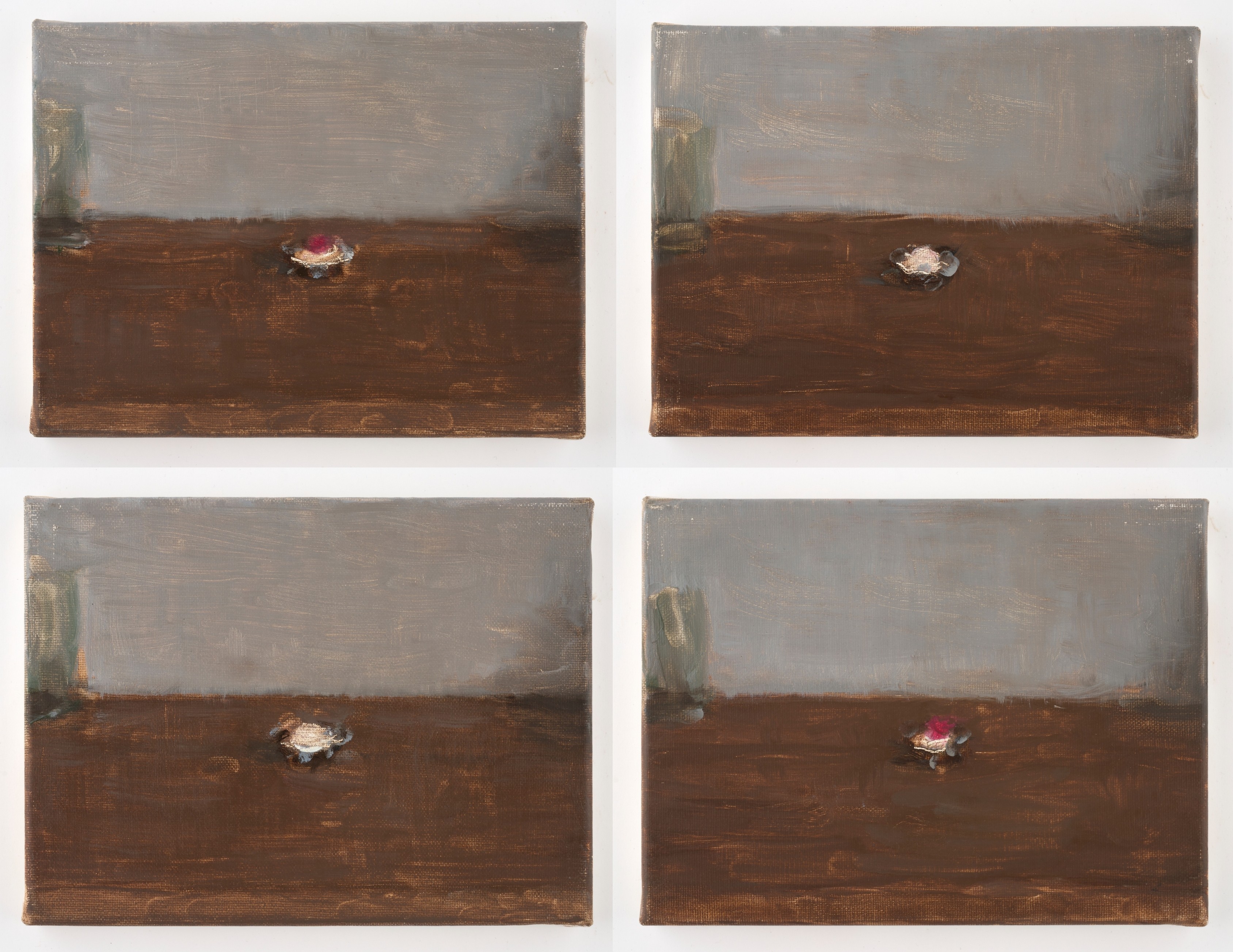 A double diptych in light grey and brown tones. Each painting depicts a small cake on a brown surface, with a red berry on top of two of them.