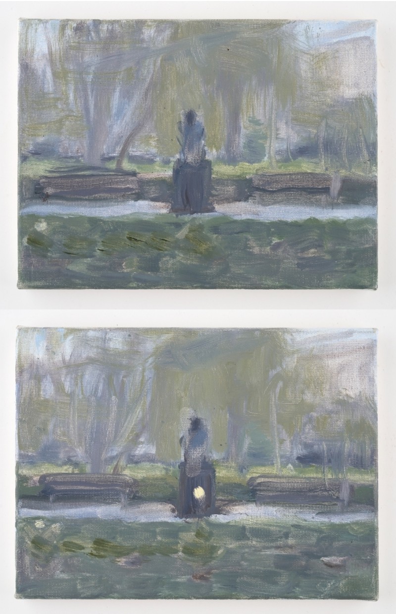 A two-part painting in light, greyish-green tones. Both paintings depict a park with benches and a dark sculpture in the centre. In the lower painting, a white tulip is blooming beside the sculpture.