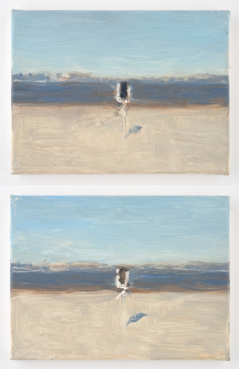 A two-part painting in light grey, blue, and beige tones. Both paintings depict a broad landscape divided into horizontal bands, with a small dark vertical form in the centre and its shadow in the foreground.
