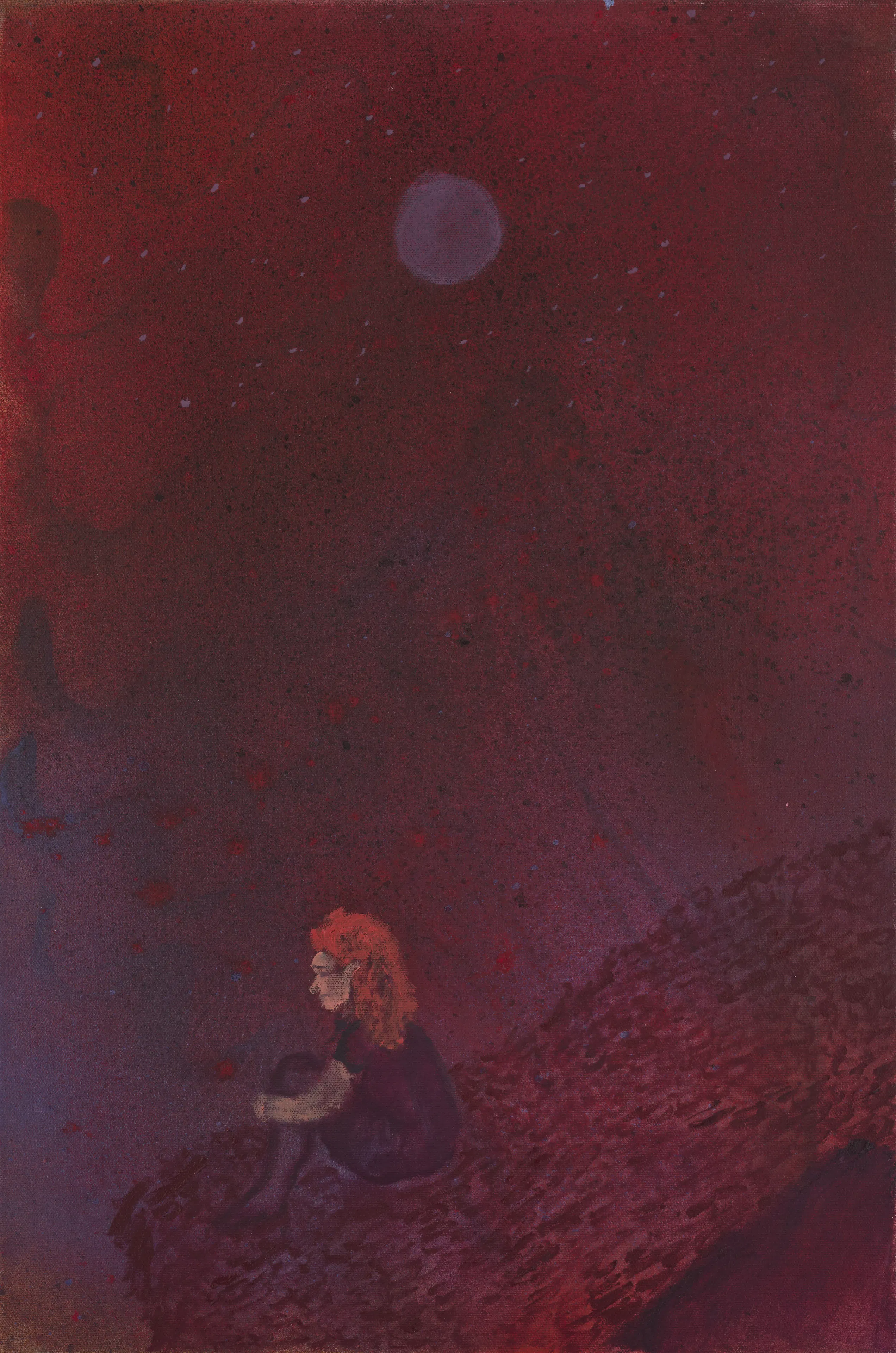 Vertical painting in dark red and purple tones. In the lower part of the composition, a woman with bright red hair sits on a dark, uneven surface with her arms wrapped around her knees, while a large, round moon is visible above.