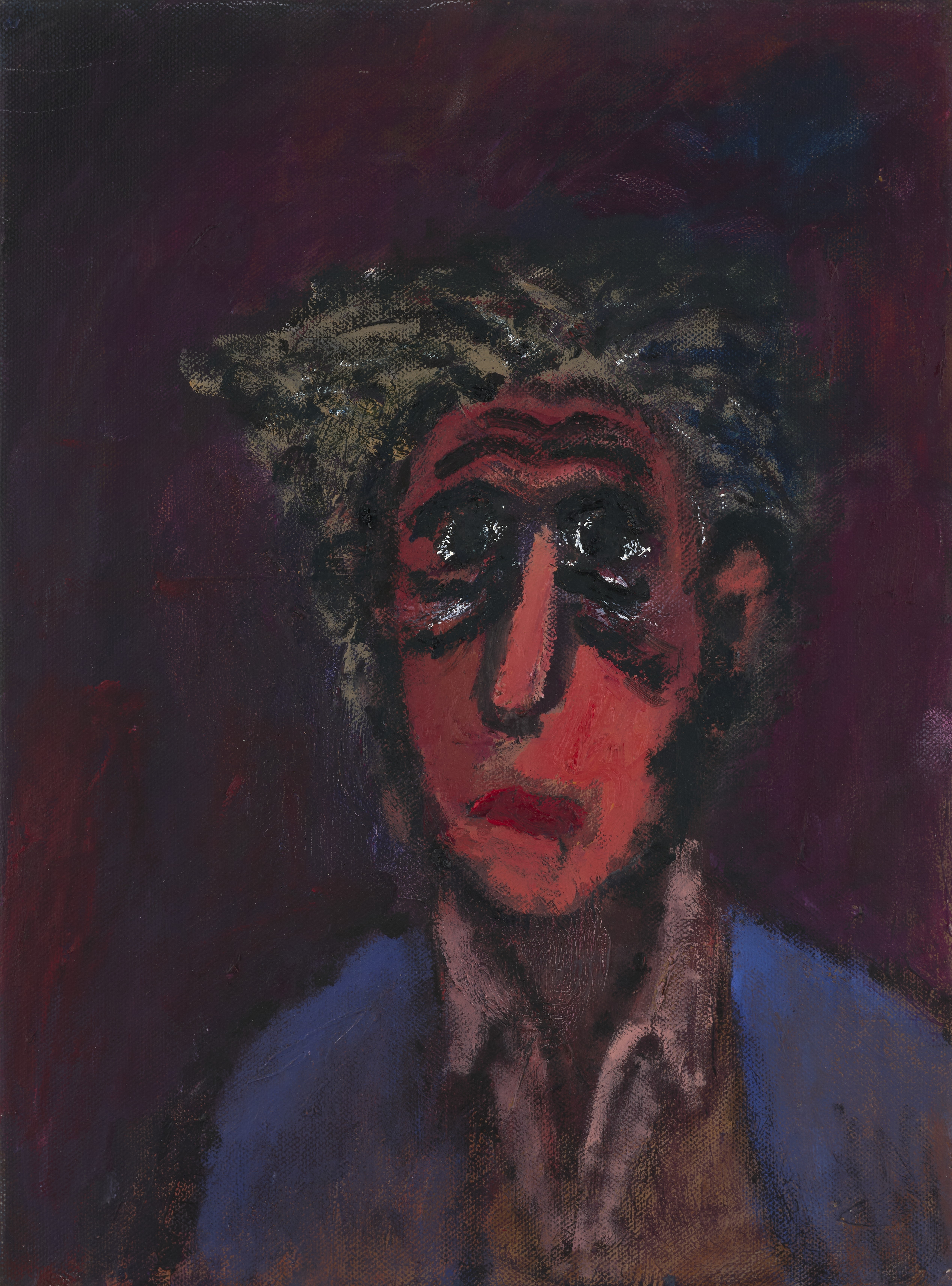 Vertical portrait painting in dark purple, red, and blue tones. A person with dark, tousled hair, pronounced facial features, and dark circles under the eyes is depicted facing forward. They are wearing a blue jacket.