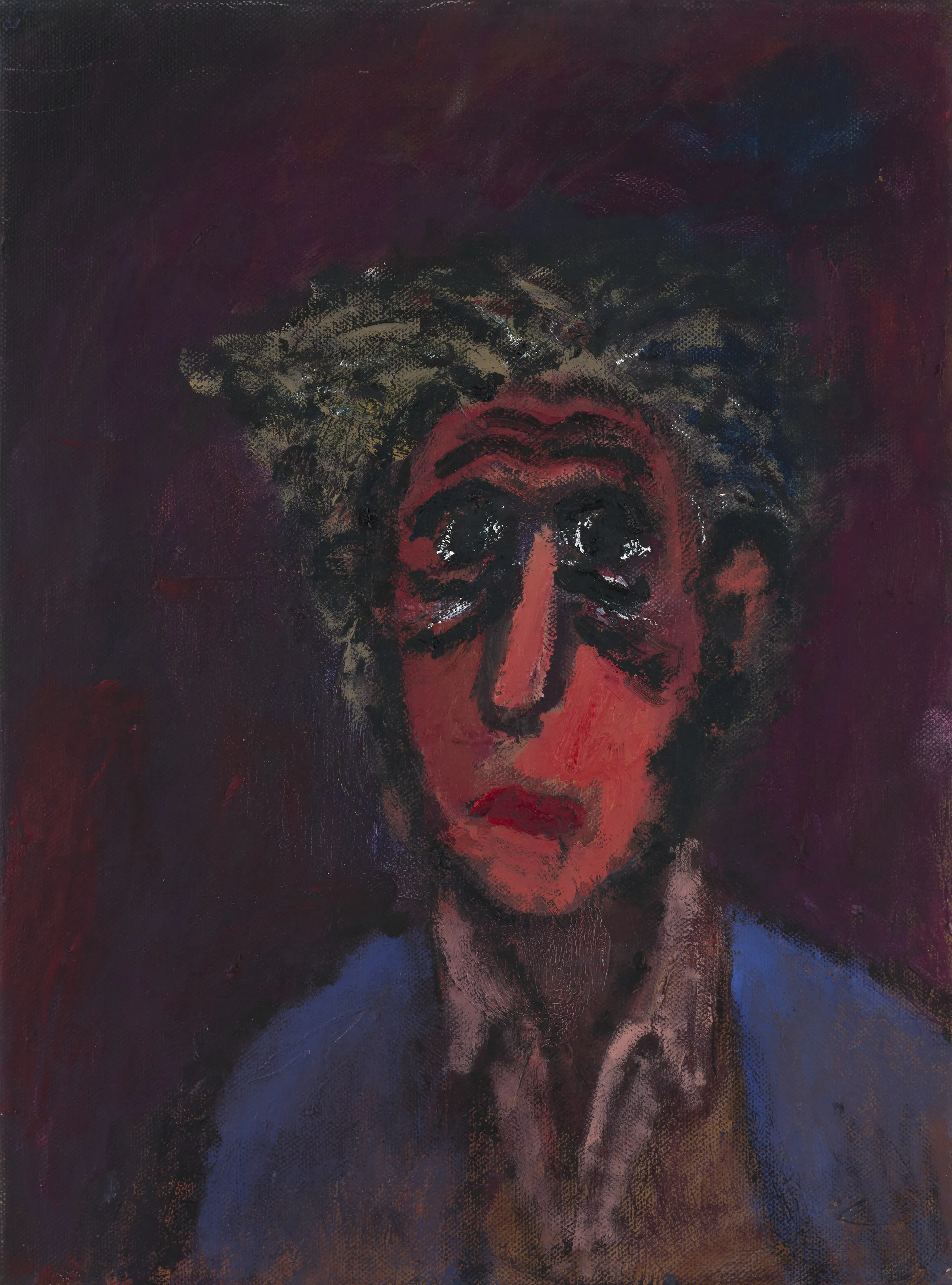 Vertical portrait painting in dark purple, red, and blue tones. A person with dark, tousled hair, pronounced facial features, and dark circles under the eyes is depicted facing forward. They are wearing a blue jacket.