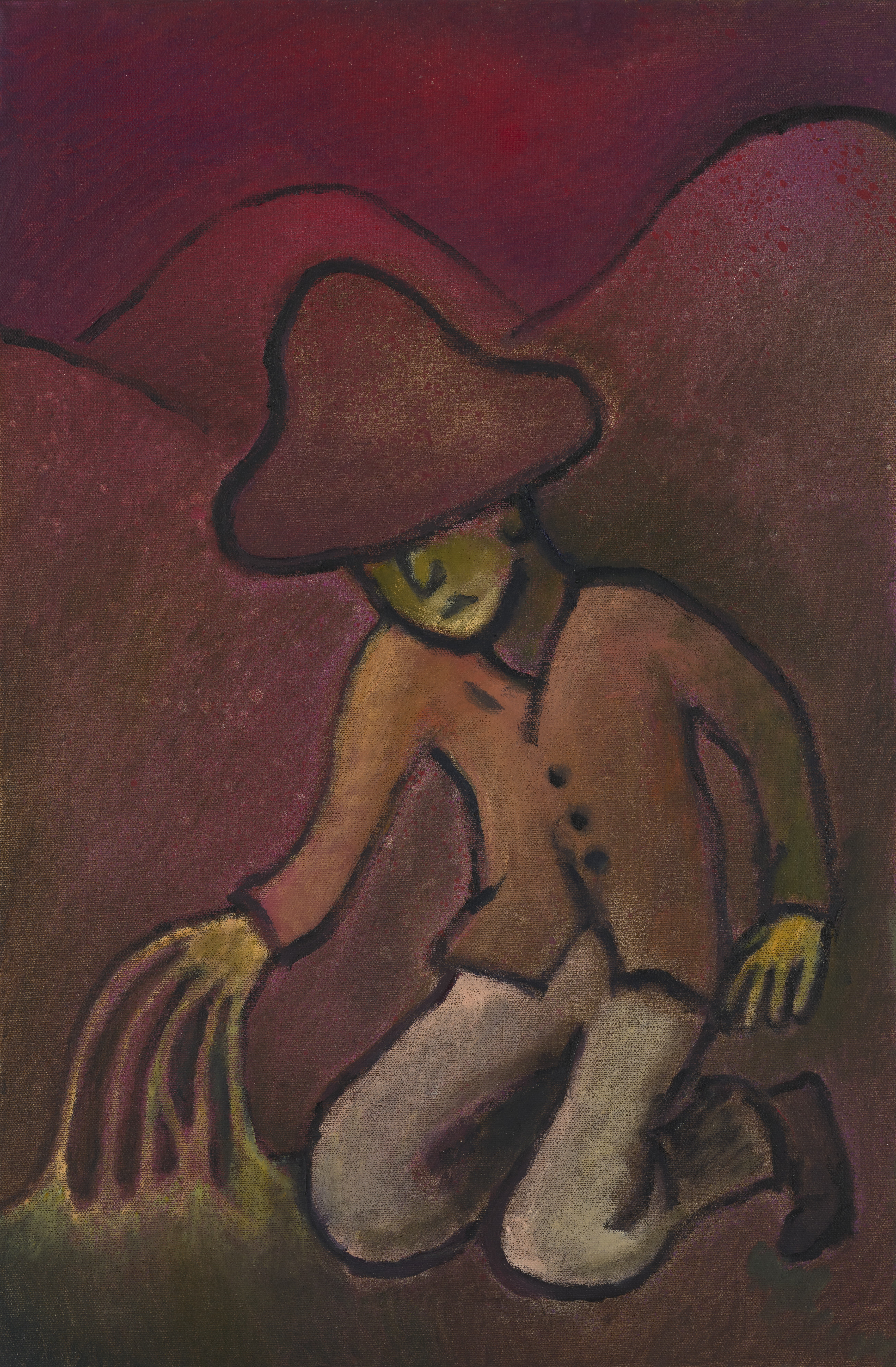 Vertical painting in dark red, brown, and purple tones. In the centre, a man wearing a large wide-brimmed hat, brown jacket, and light-coloured trousers kneels on the ground. He touches the ground with one hand, with a hilly landscape visible in the background.