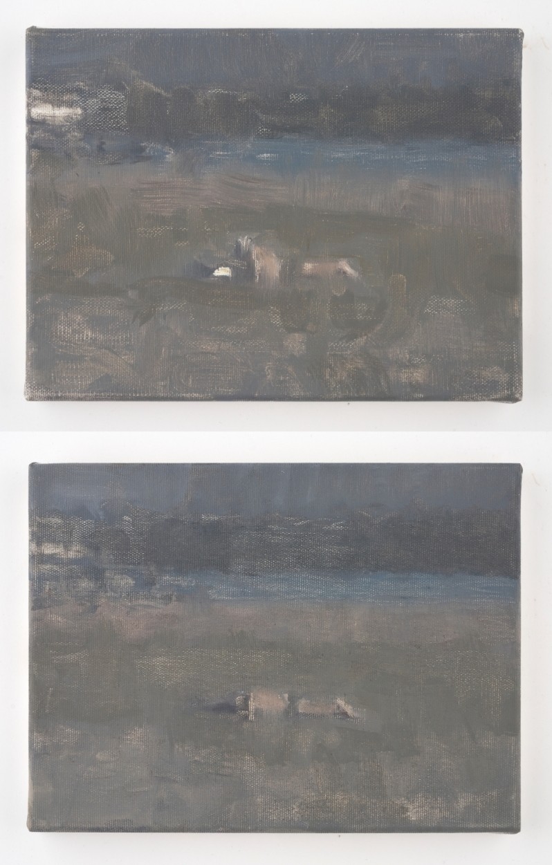 A two-part painting in light, greyish-green tones. Both paintings depict a landscape with a person lying on the grass.