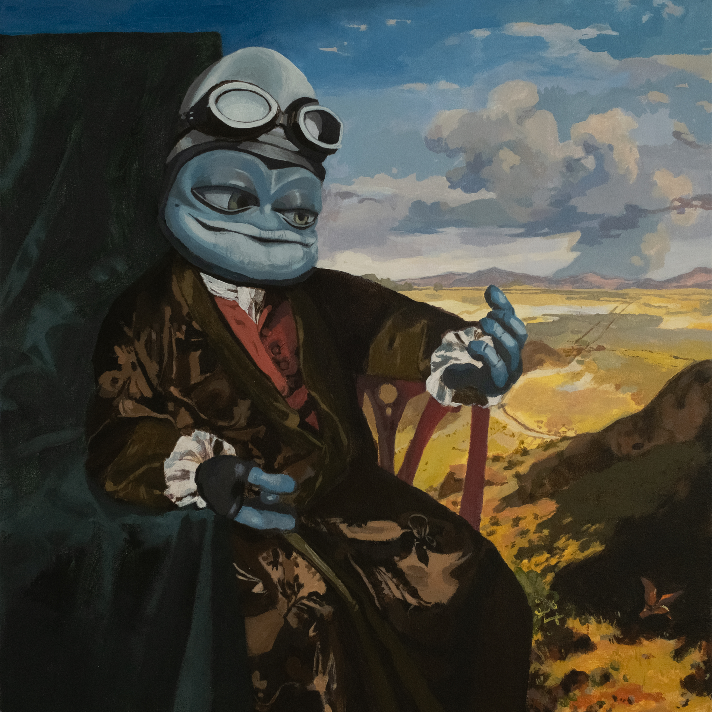 Glezna, kurā attēlots stilizēts zilgans "Crazy Frog tēls ar "pilota brillēm uz galvas, sēžot krēslā un raugoties uz savu roku ainaviskā laukā.