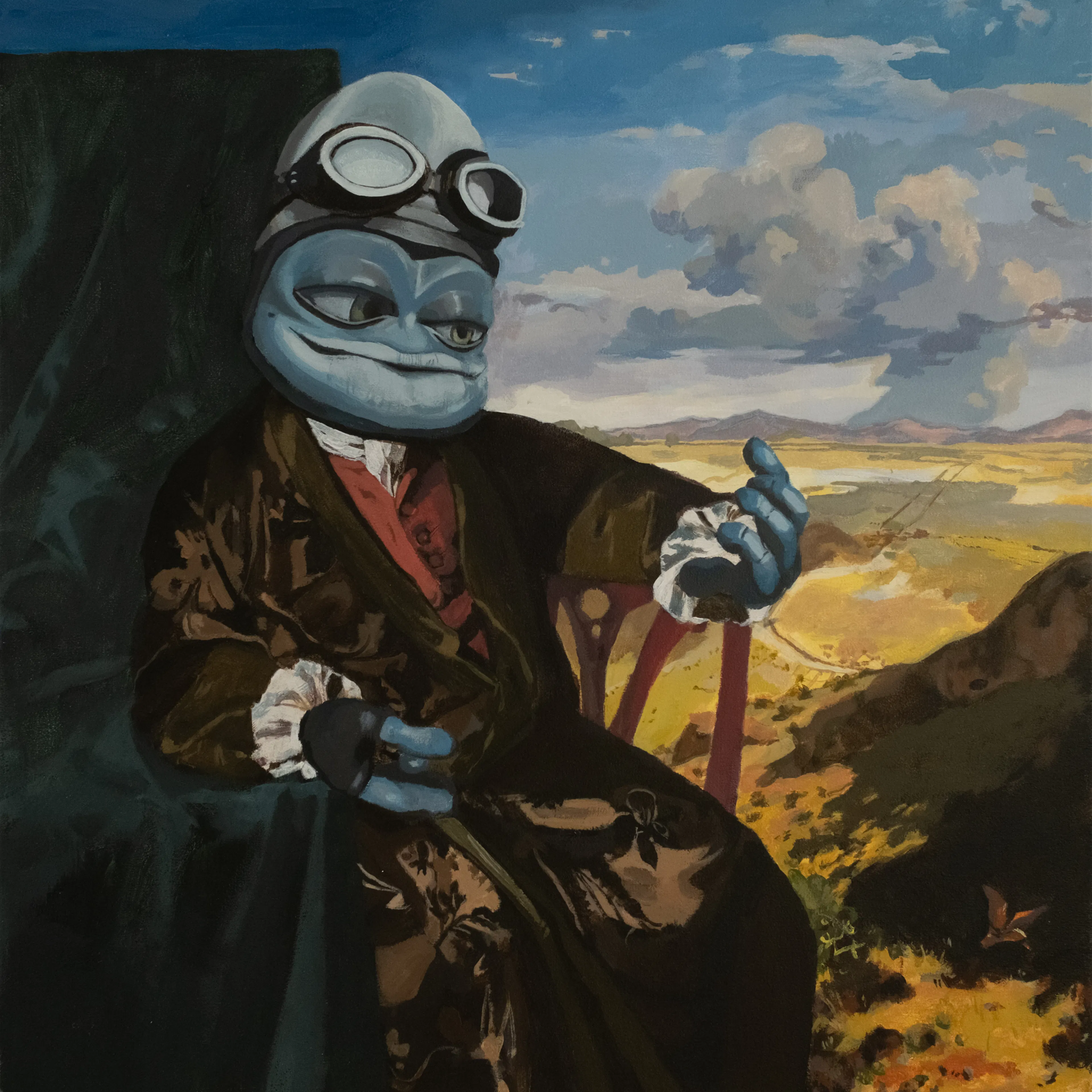Glezna, kurā attēlots stilizēts zilgans "Crazy Frog tēls ar "pilota brillēm uz galvas, sēžot krēslā un raugoties uz savu roku ainaviskā laukā.