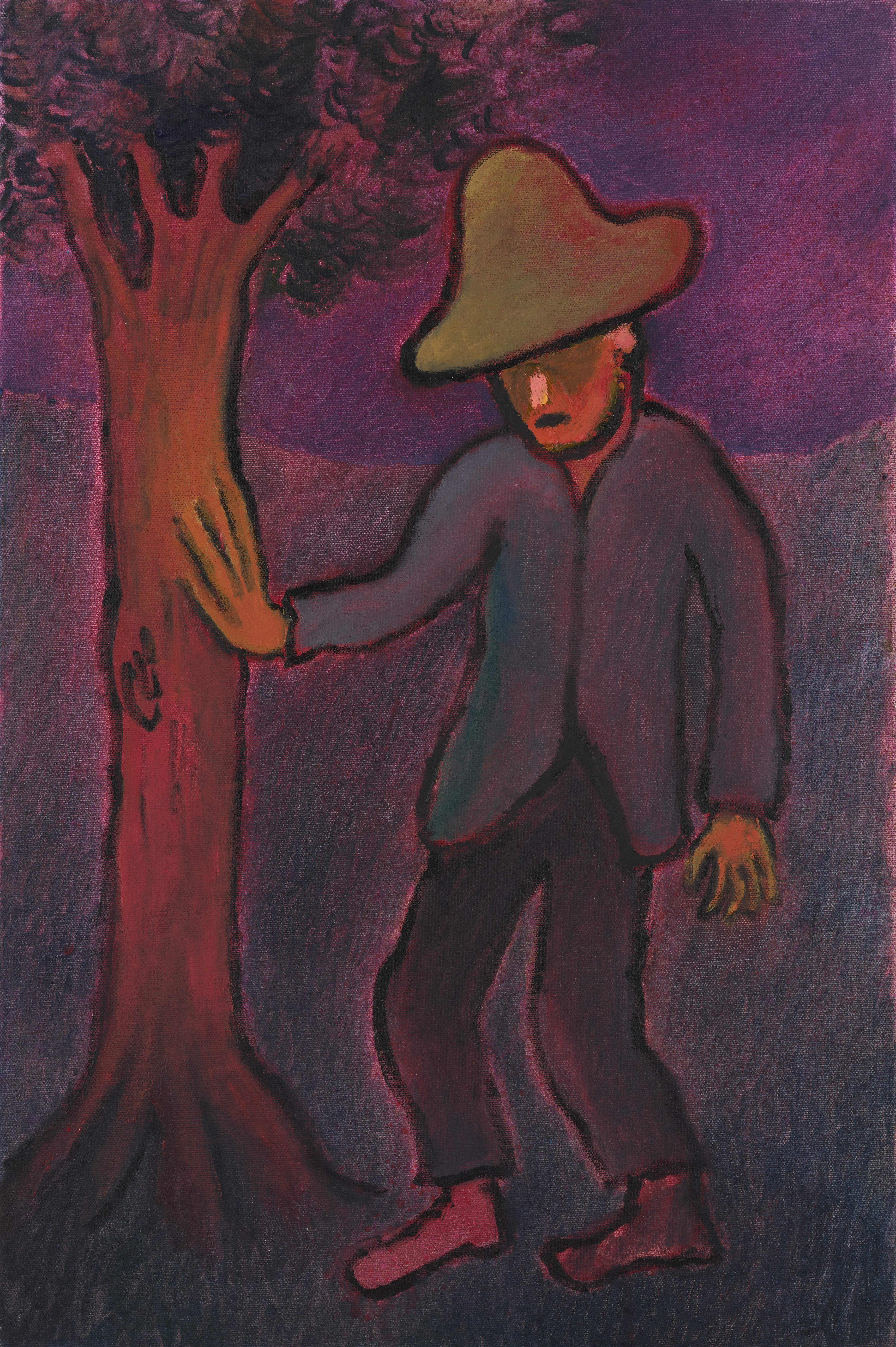 Vertical painting in dark purple, red, and green tones. In the centre, a man wearing a large greenish wide-brimmed hat, dark jacket, and trousers is depicted. He rests one hand against a tree trunk.