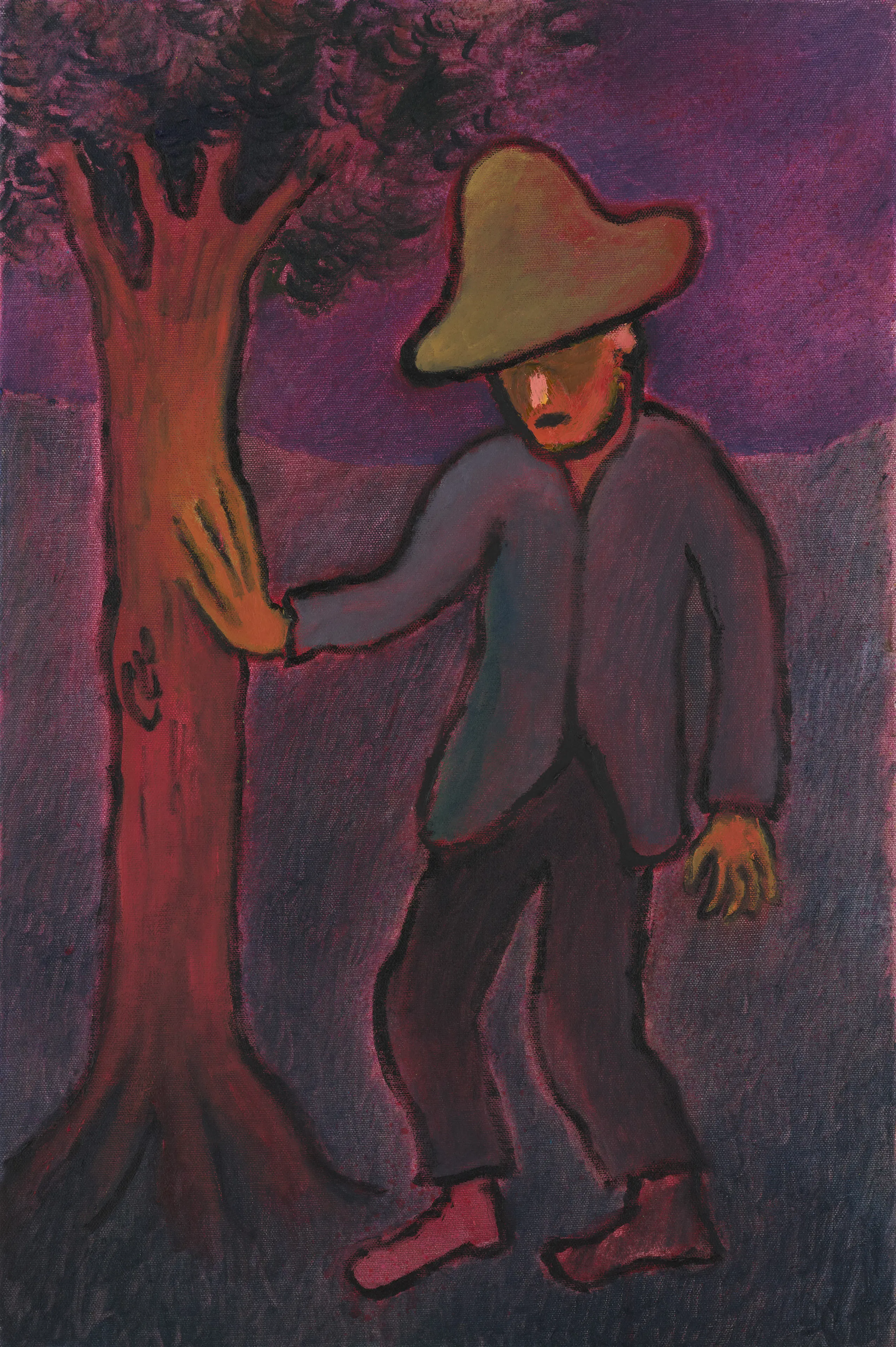 Vertical painting in dark purple, red, and green tones. In the centre, a man wearing a large greenish wide-brimmed hat, dark jacket, and trousers is depicted. He rests one hand against a tree trunk.