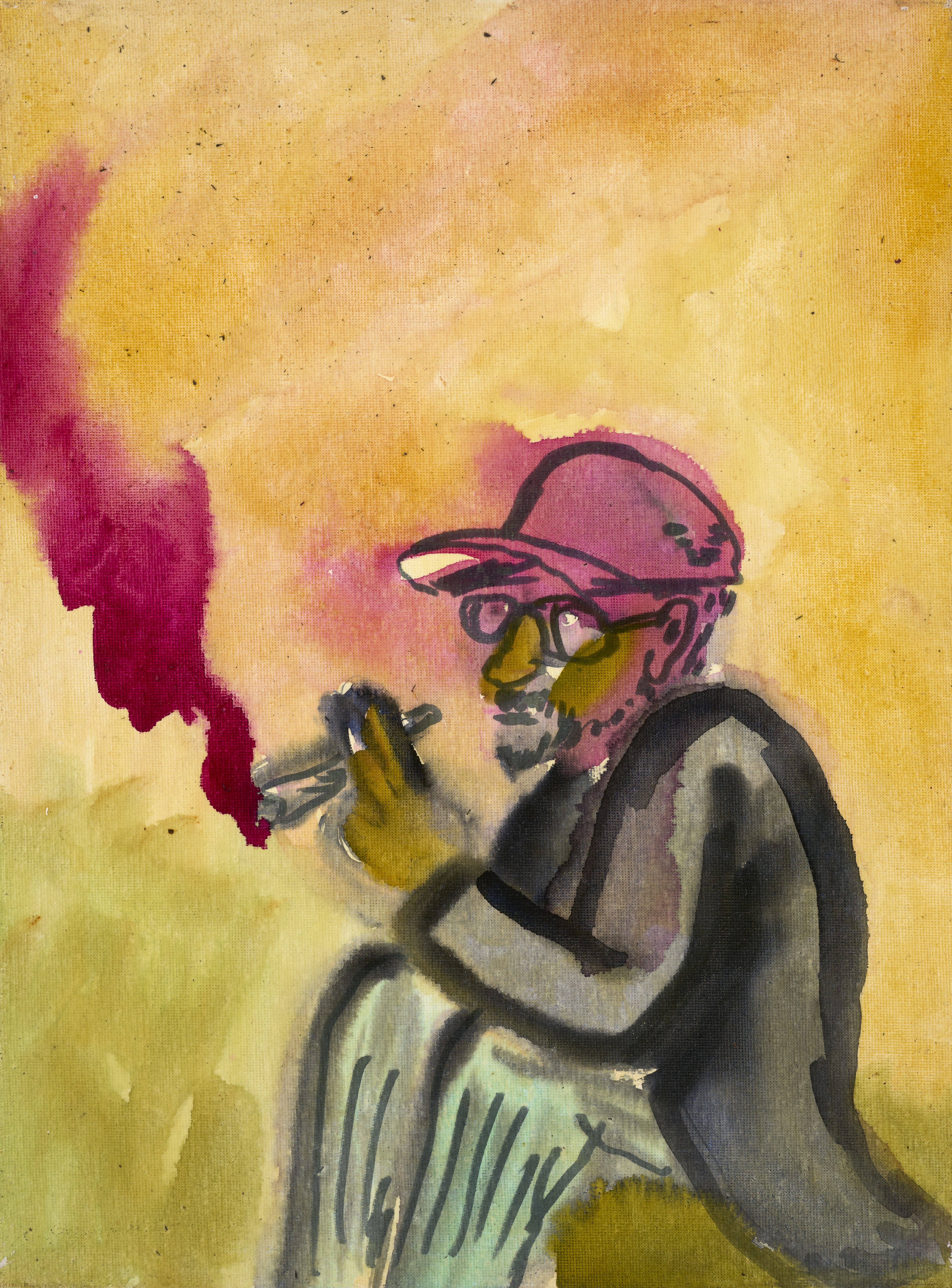 Vertical painting with a yellow background. On the right, a person wearing a pink cap, grey coat, and glasses sits in profile, smoking a cigarette. A dark pink cloud of smoke rises from the cigarette.