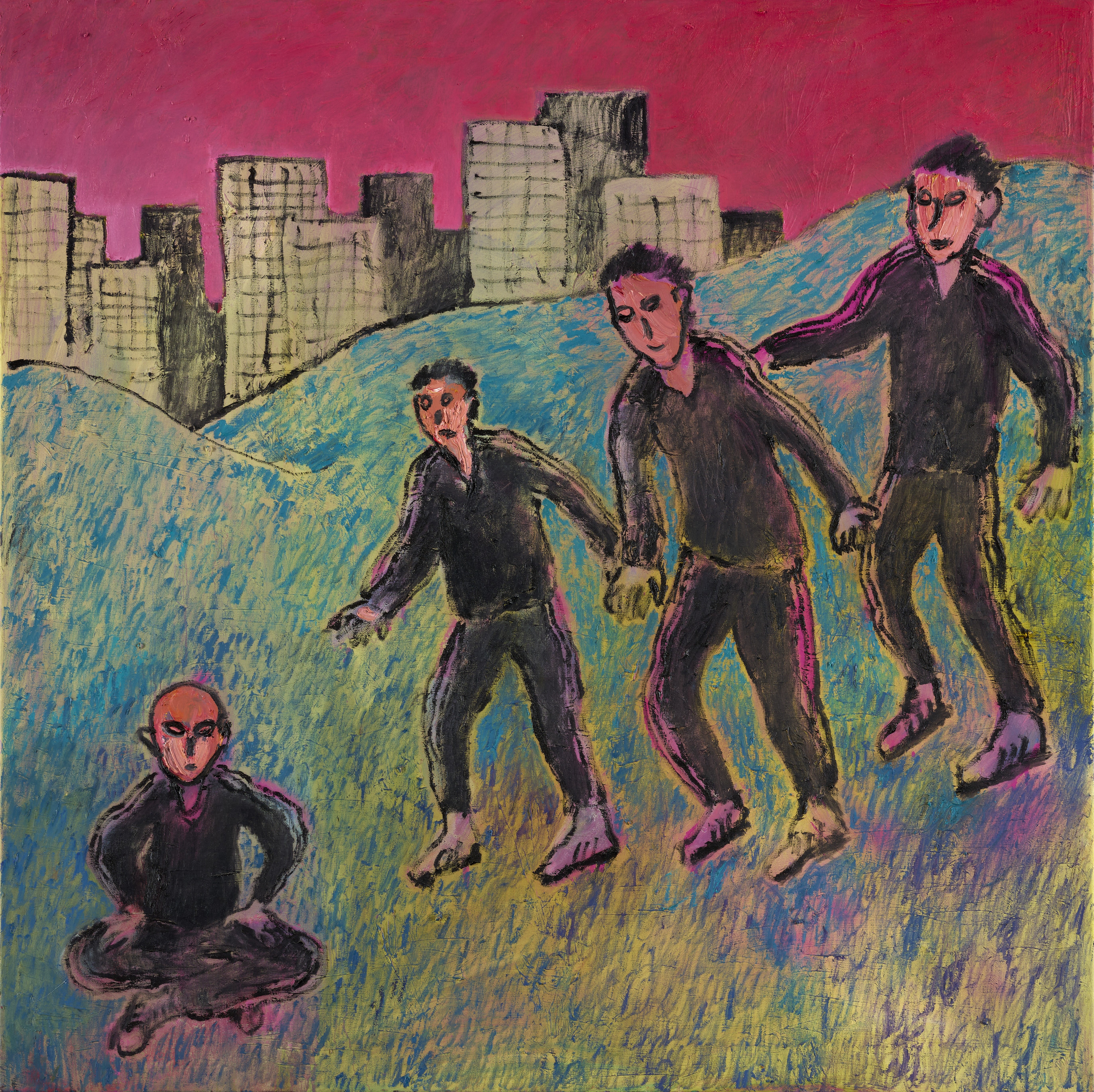 Square painting in vivid pink, blue, and green tones. In the foreground, four men in tracksuits are depicted on a hilly landscape; one sits cross-legged while the others are moving. Silhouettes of city buildings are visible in the background.