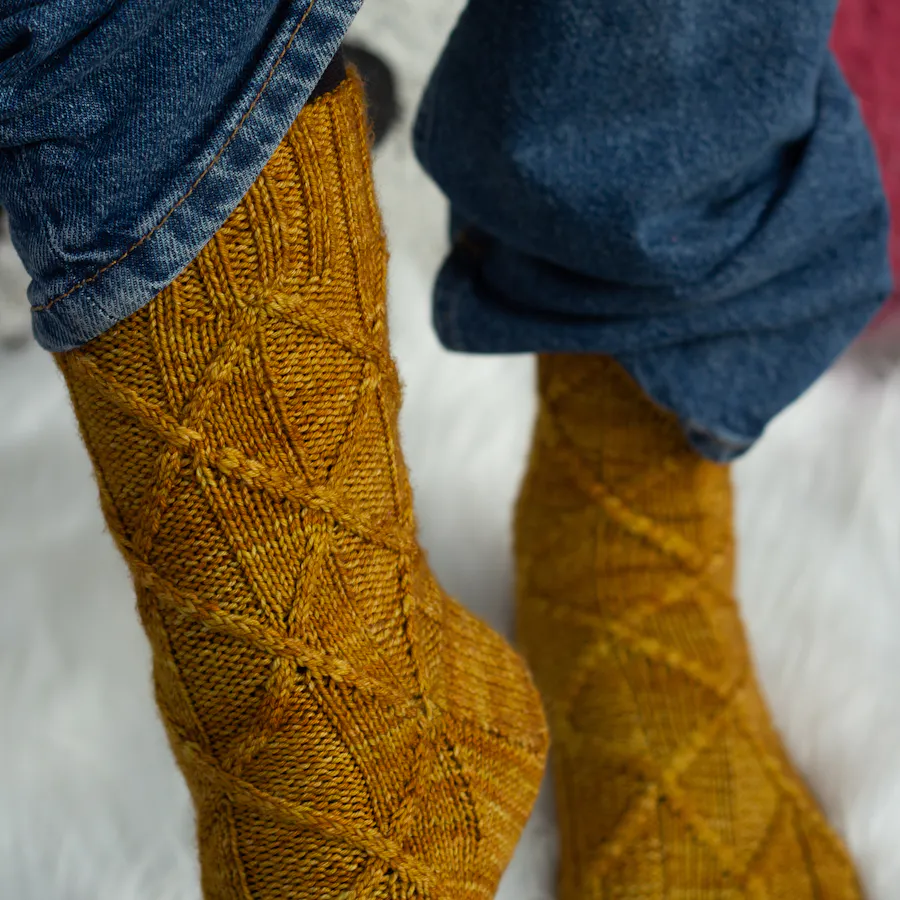 Normandy socks knitted in Malabrigo Ultimate Sock Oro yarn