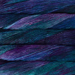 Picture of Malabrigo Arroyo Whales Road: A deeply complex, variegated colorway with moody violet and saturated teal, interwoven with patches of navy blue and charcoal grey.