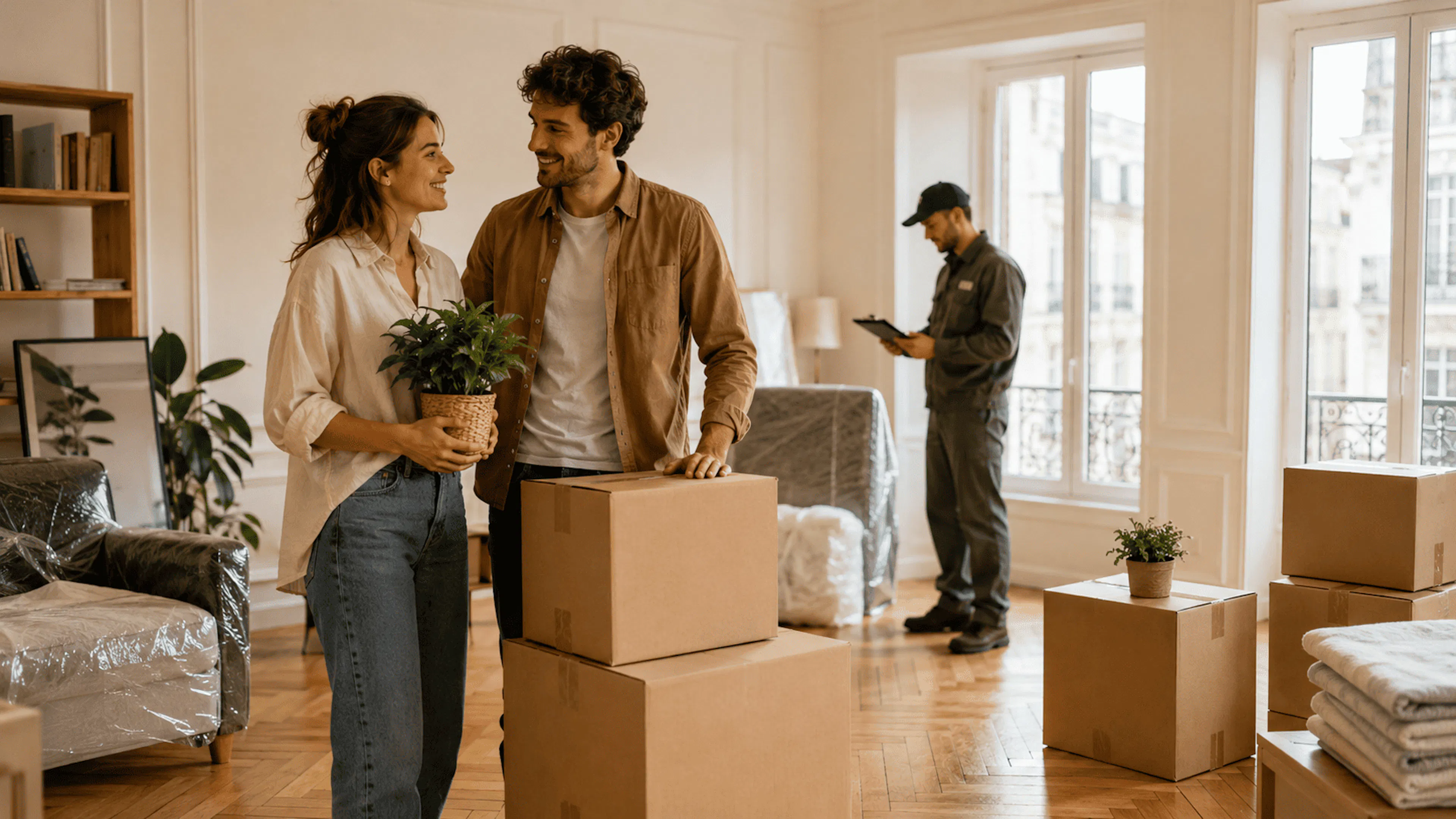 Déménagement longue distance Paris vers province avec cartons organisés dans un appartement lumineux