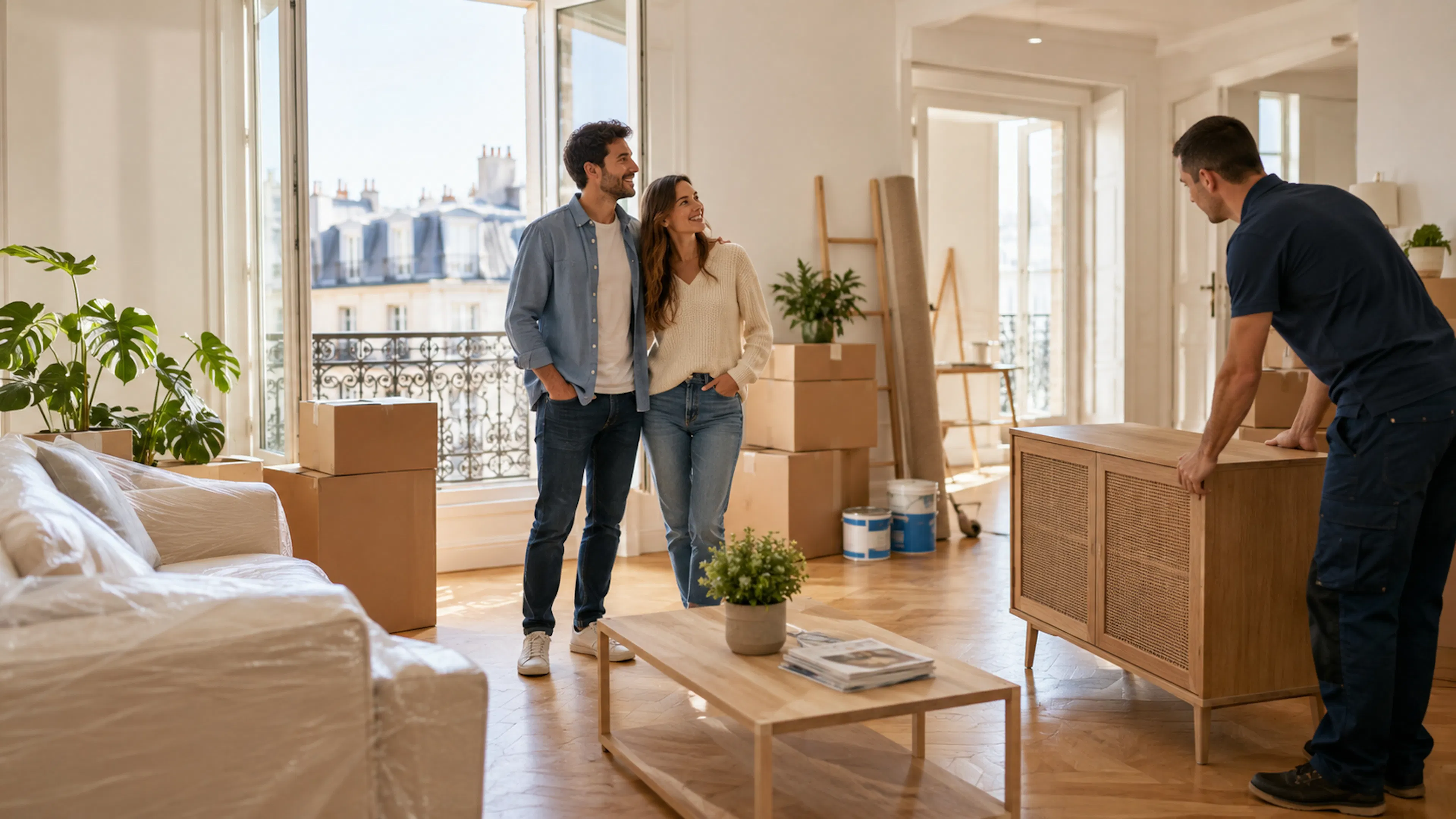 Primo-accédants préparant leur déménagement dans un appartement lumineux en région parisienne