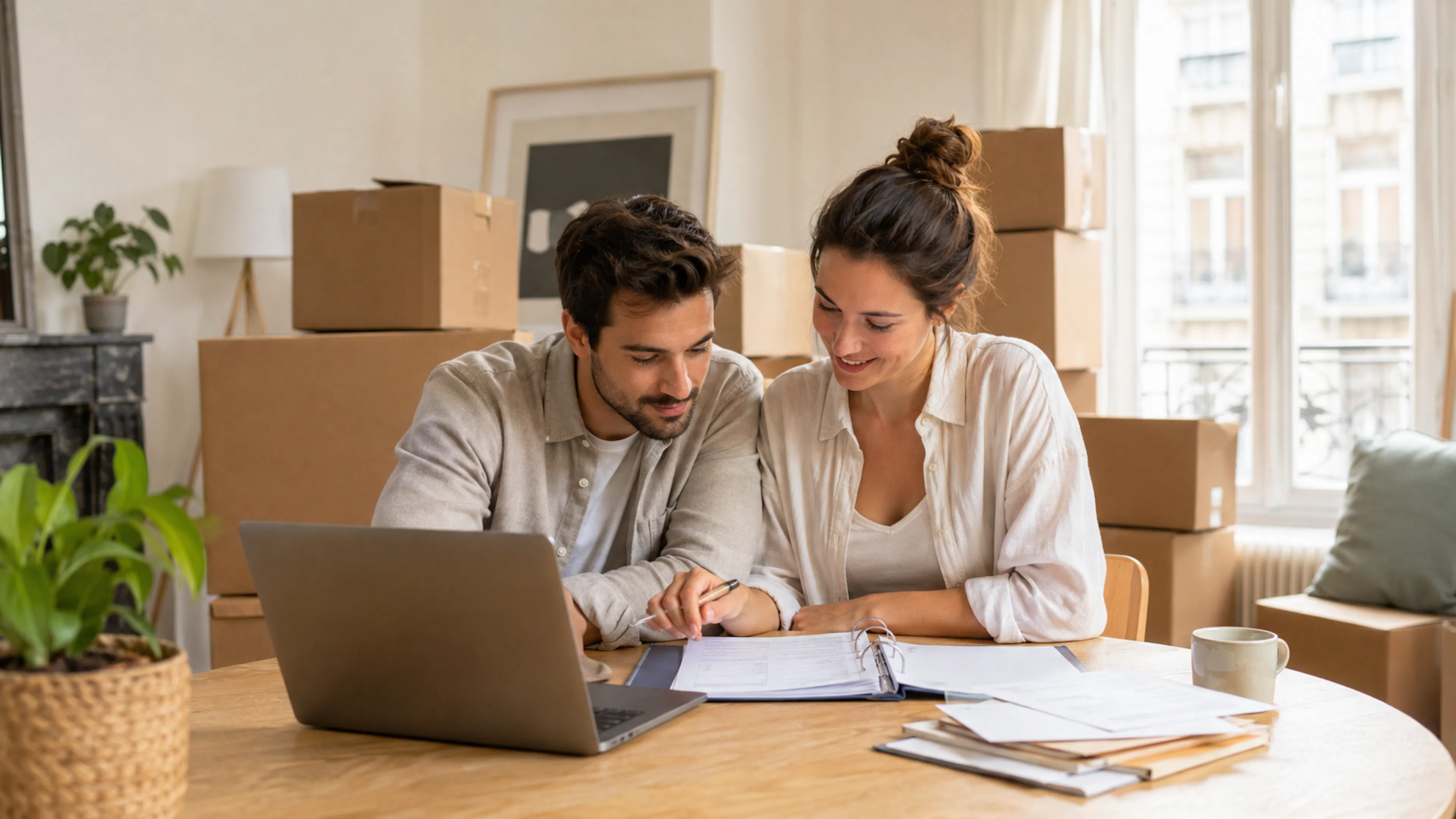 Changement d’adresse après déménagement dans un appartement organisé avec cartons et documents