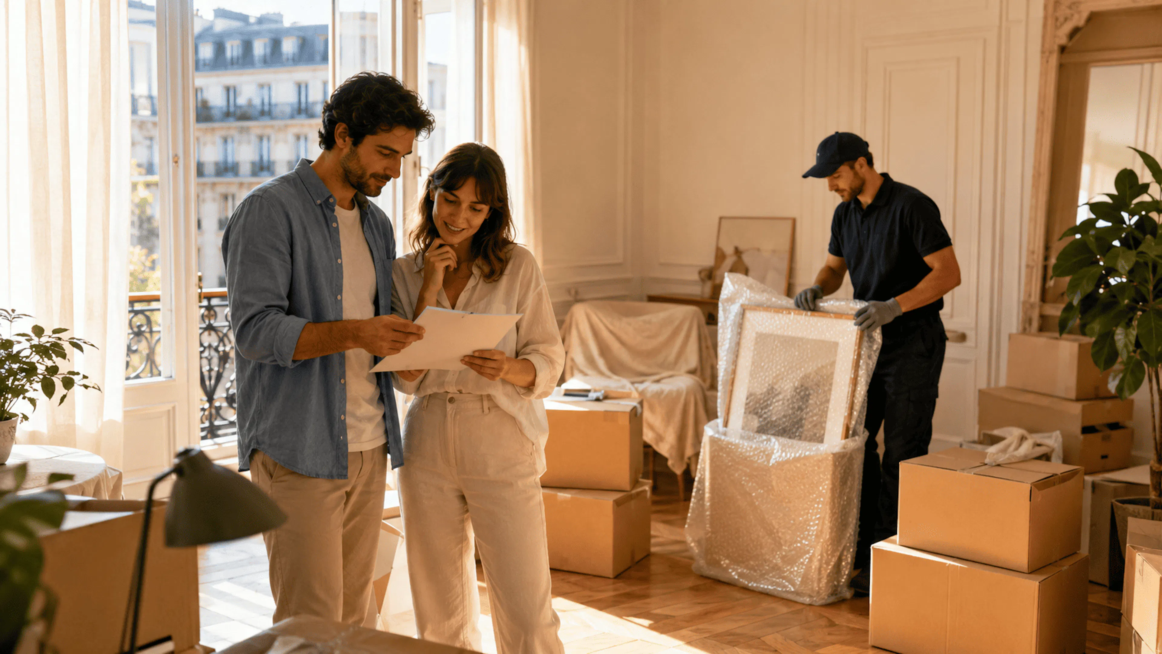 Déménagement en août en Île-de-France préparé avec cartons, checklist et équipe professionnelle