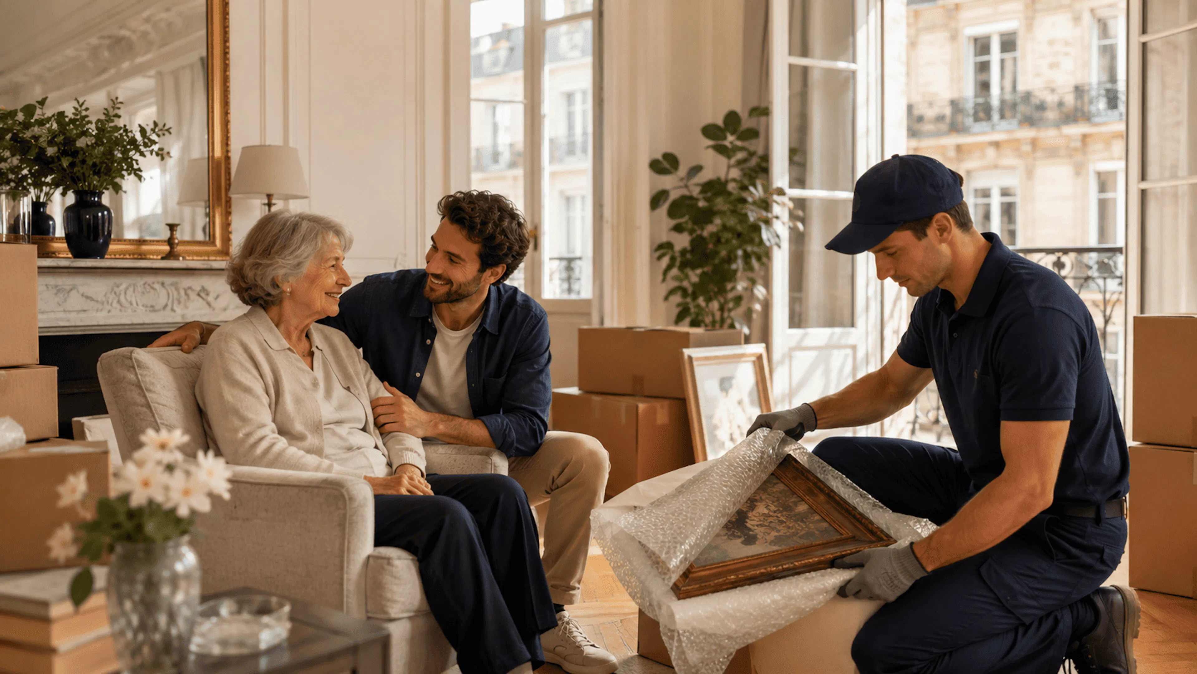 Déménagement senior en Île-de-France avec cartons organisés et accompagnement familial
