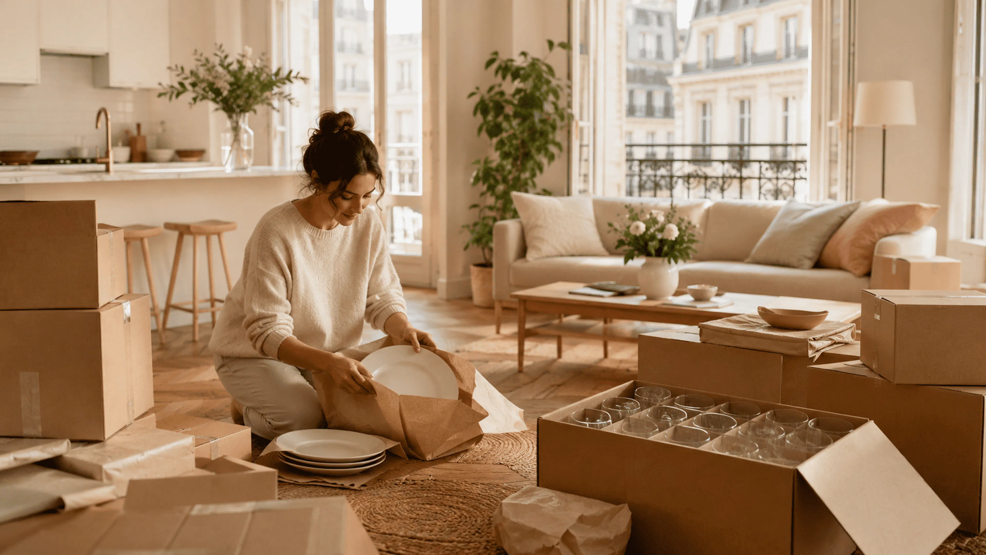 Emballer vaisselle déménagement avec cartons protégés dans un appartement lumineux