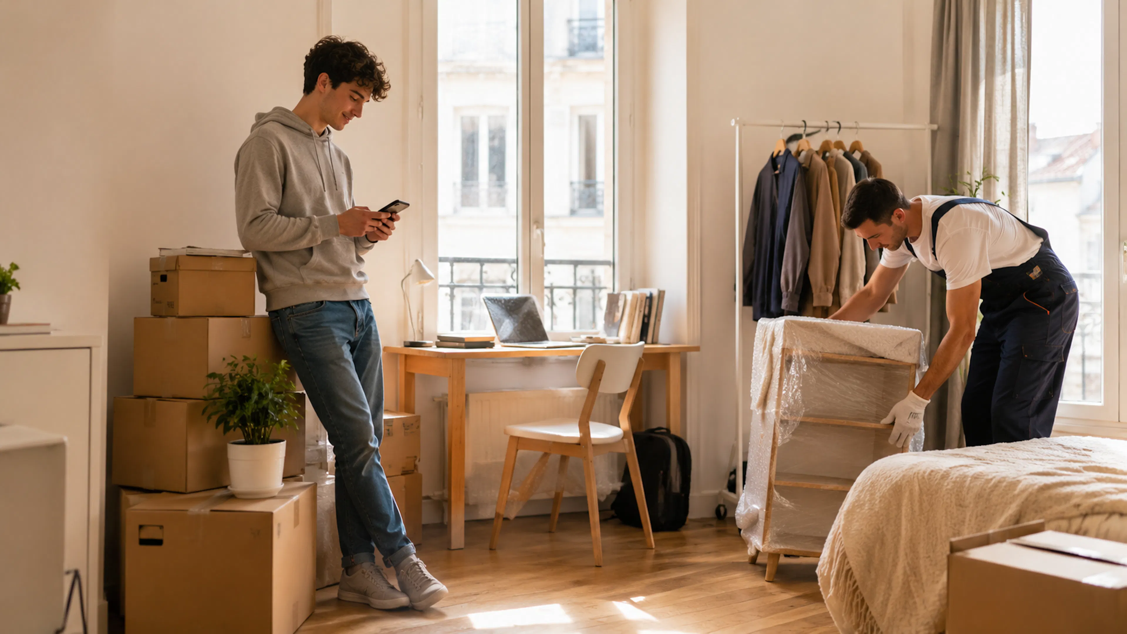 Déménagement étudiant entre deux locations dans un studio lumineux avec cartons organisés