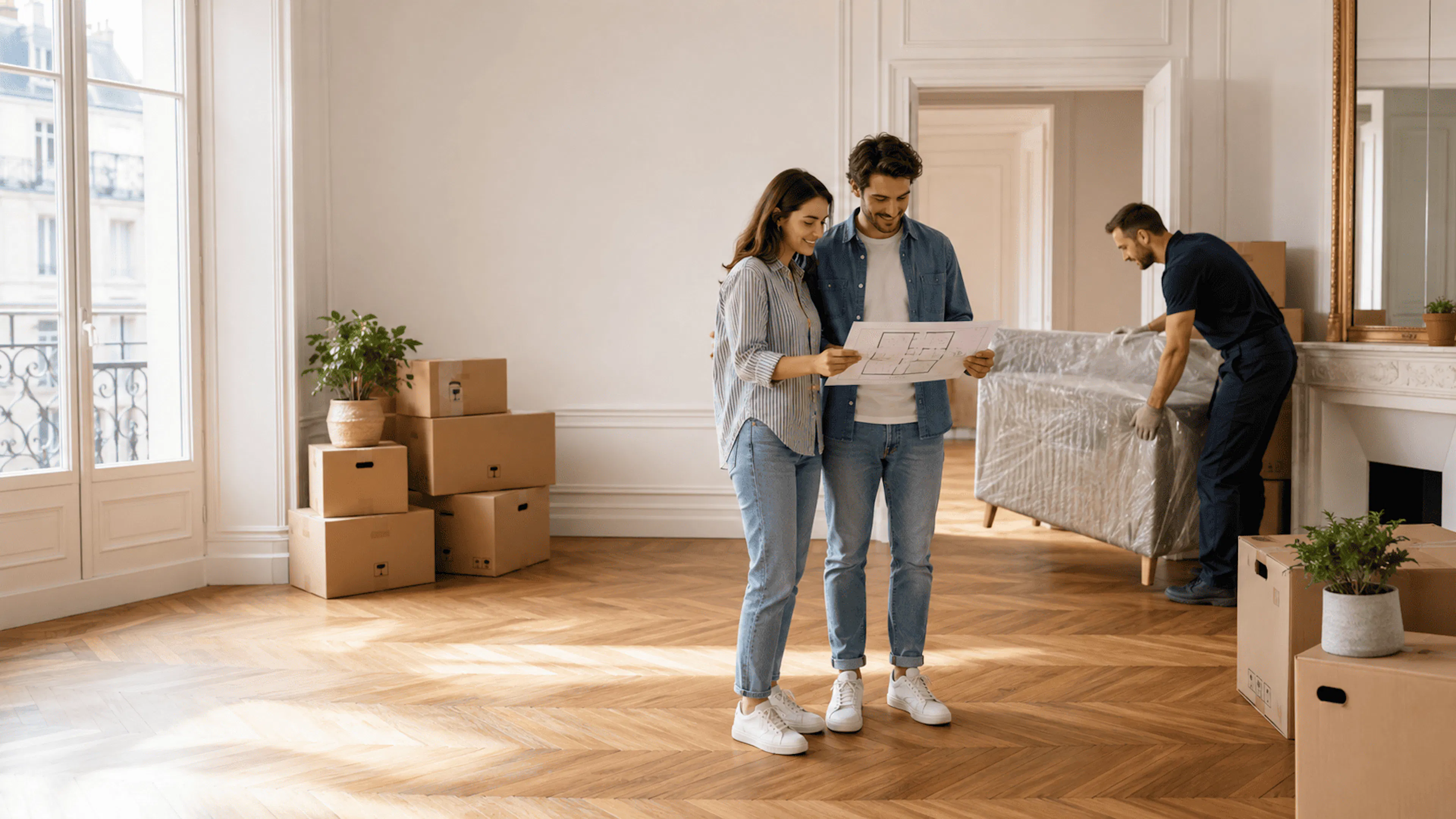Déménagement primo-accédant en région parisienne dans un appartement lumineux avec cartons organisés