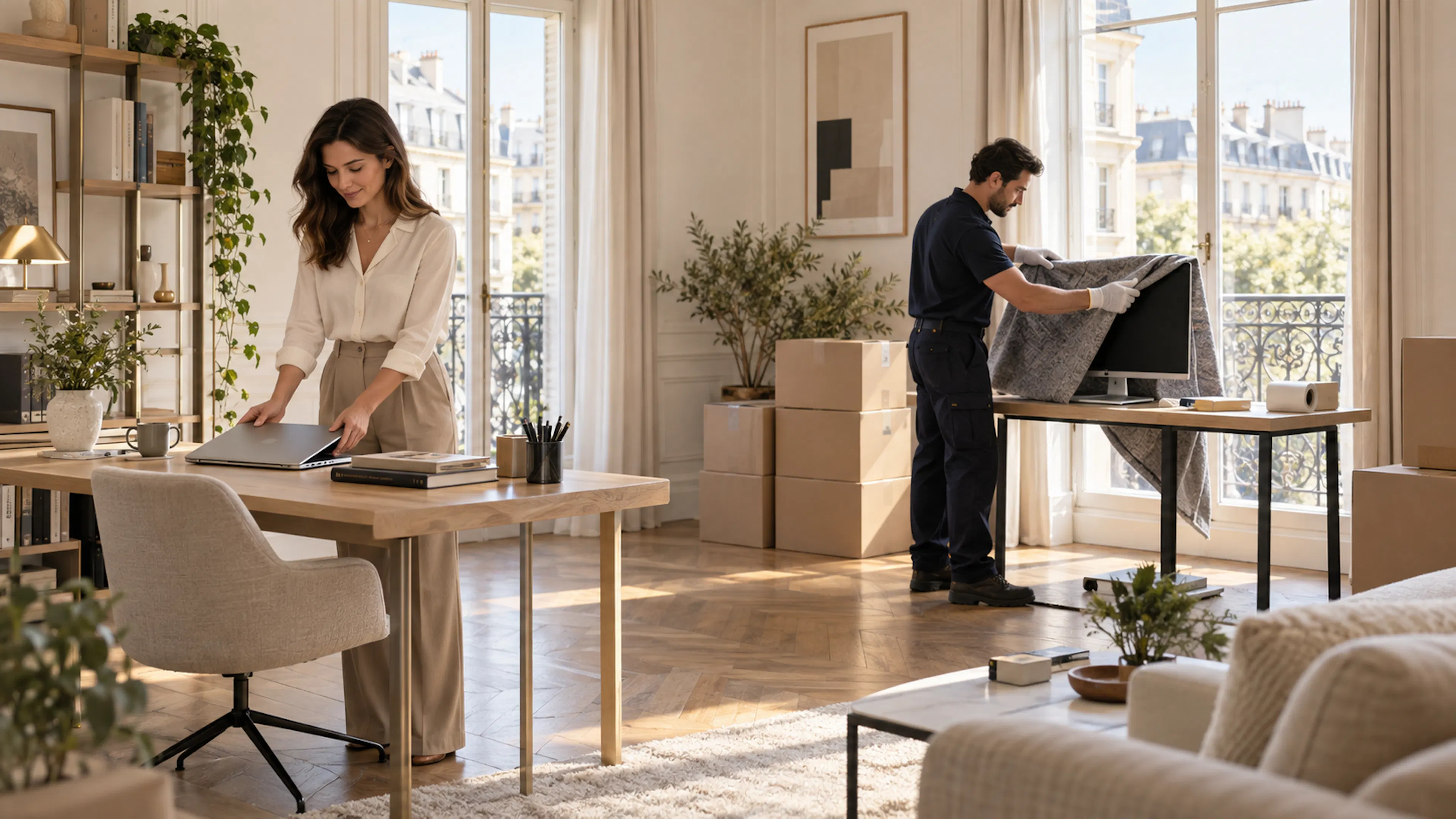Déménagement télétravail en Île-de-France dans un appartement lumineux avec bureau et cartons organisés