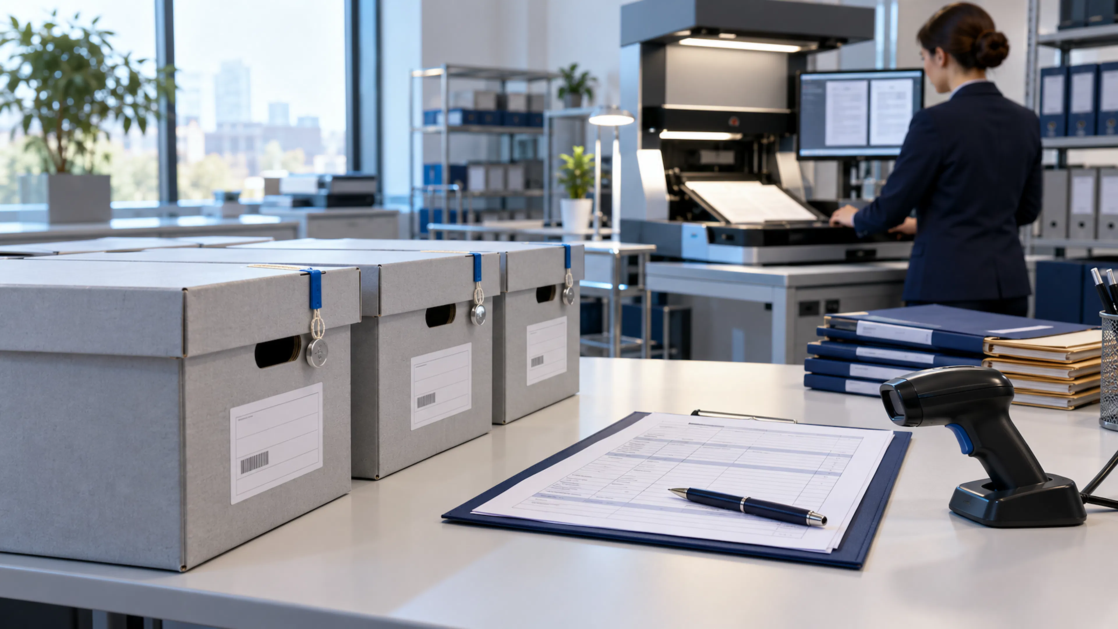 Salle de traitement documentaire professionnelle avec des boîtes d'archives étiquetées, un bordereau de suivi et une station de numérisation industrielle.