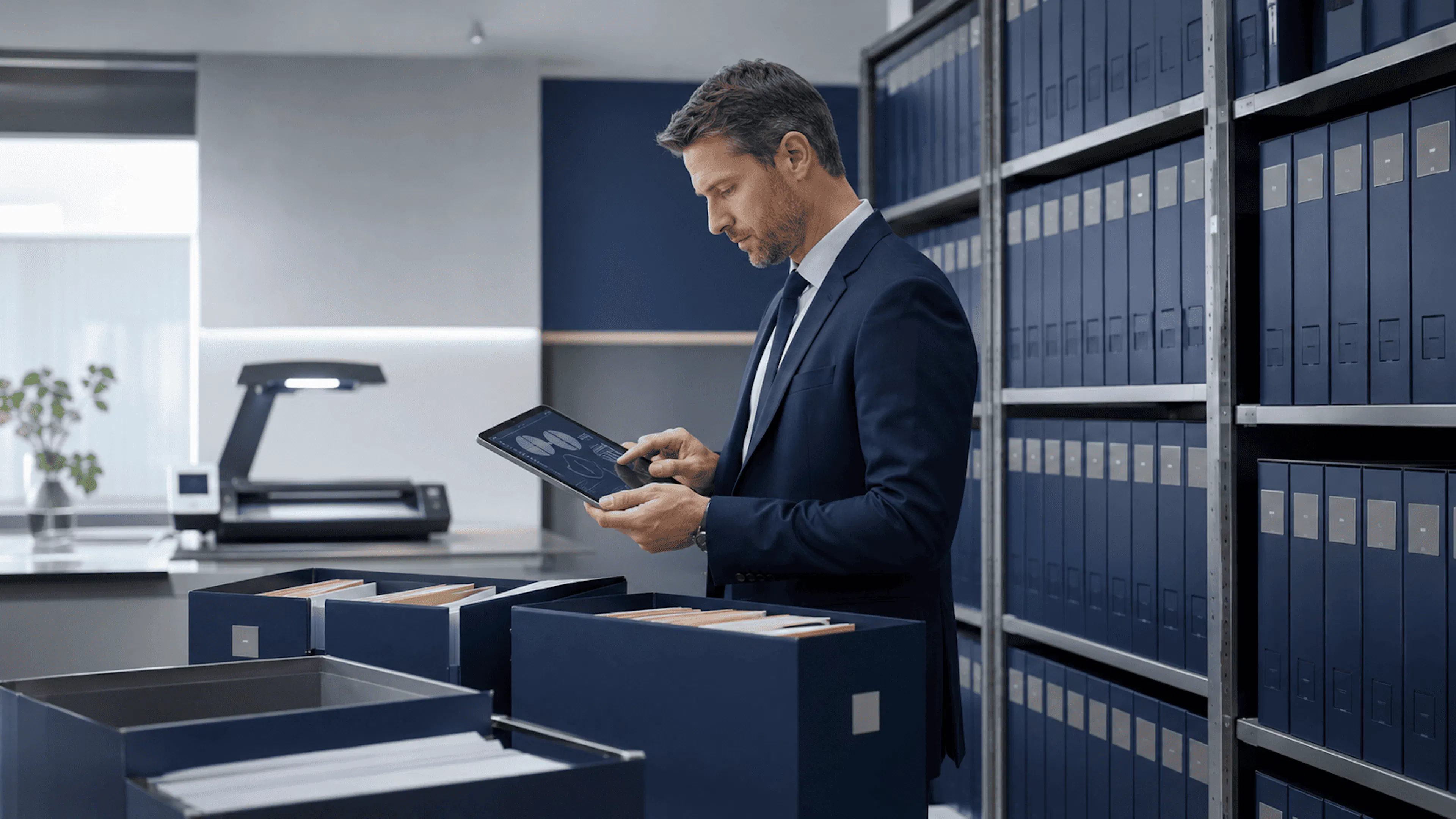 DPO auditant des archives papier avant numérisation pour assurer la conformité RGPD en entreprise