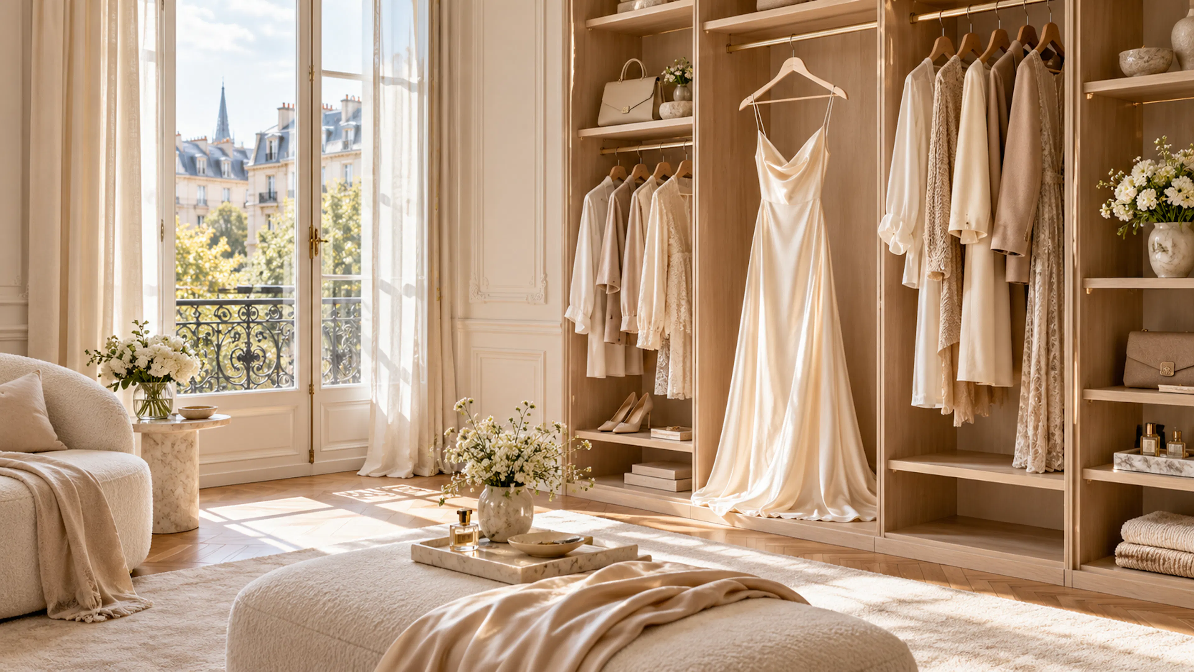 Ranger une robe en soie avec soin dans un dressing féminin lumineux et épuré