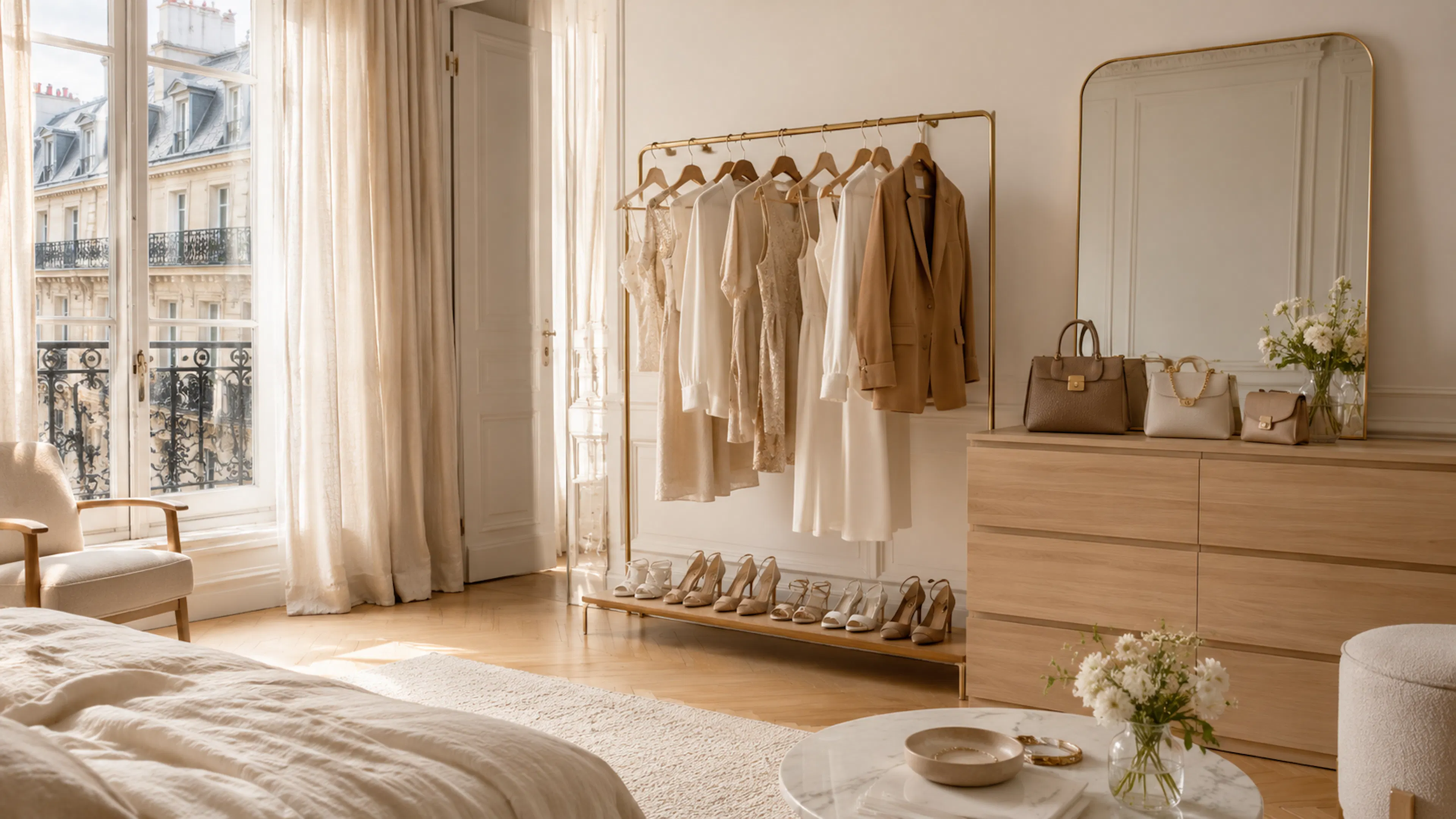 Dressing sans placard organisé dans un petit appartement lumineux aux tons beige et crème