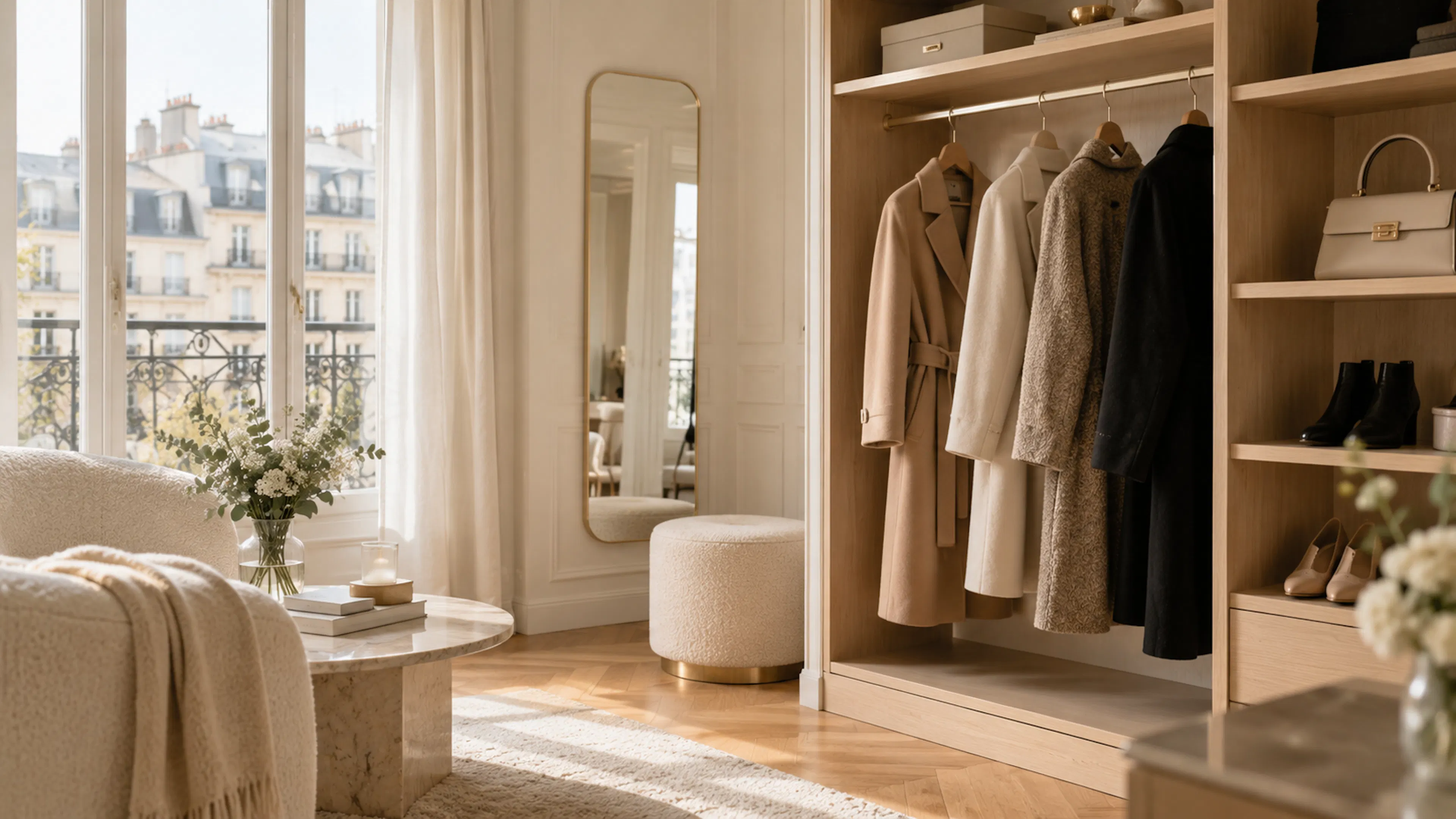 Manteaux dans un dressing lumineux, pour ranger ses manteaux quand on manque de place