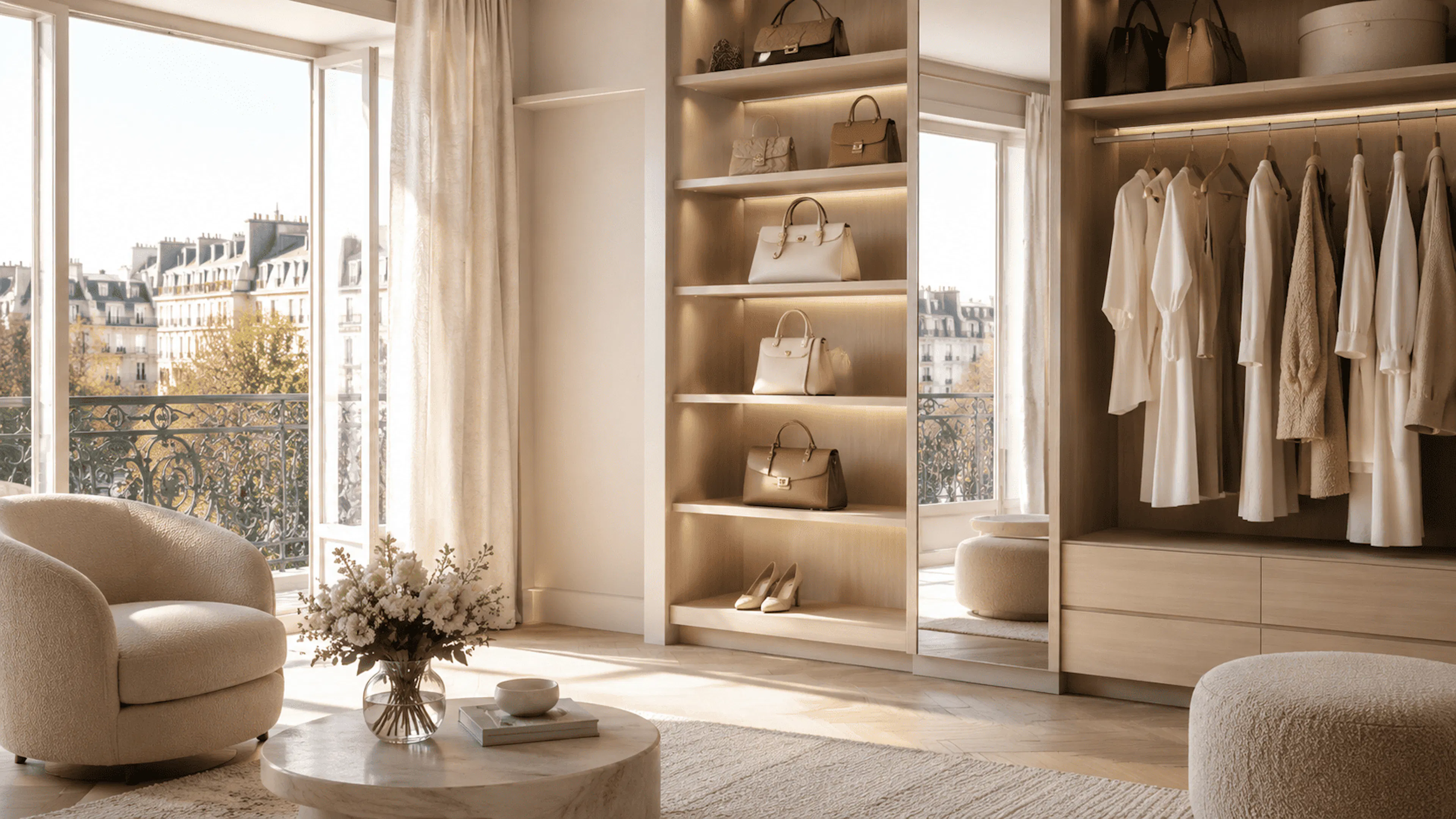 Dressing lumineux et organisé pour protéger ses sacs de luxe dans un intérieur féminin et élégant