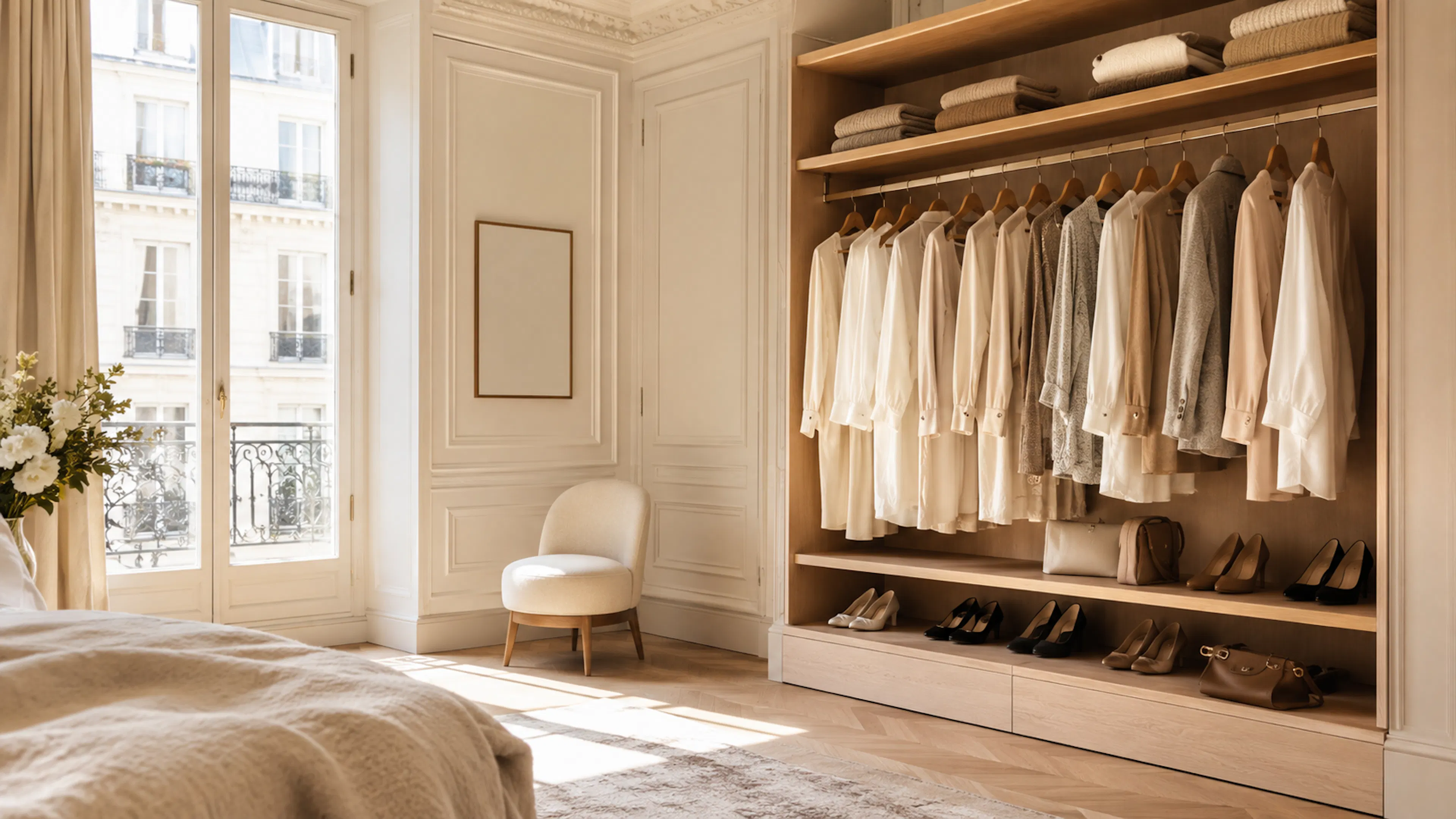 Vêtements hors saison dans un dressing lumineux et organisé, prêts pour un rangement élégant et sécurisé