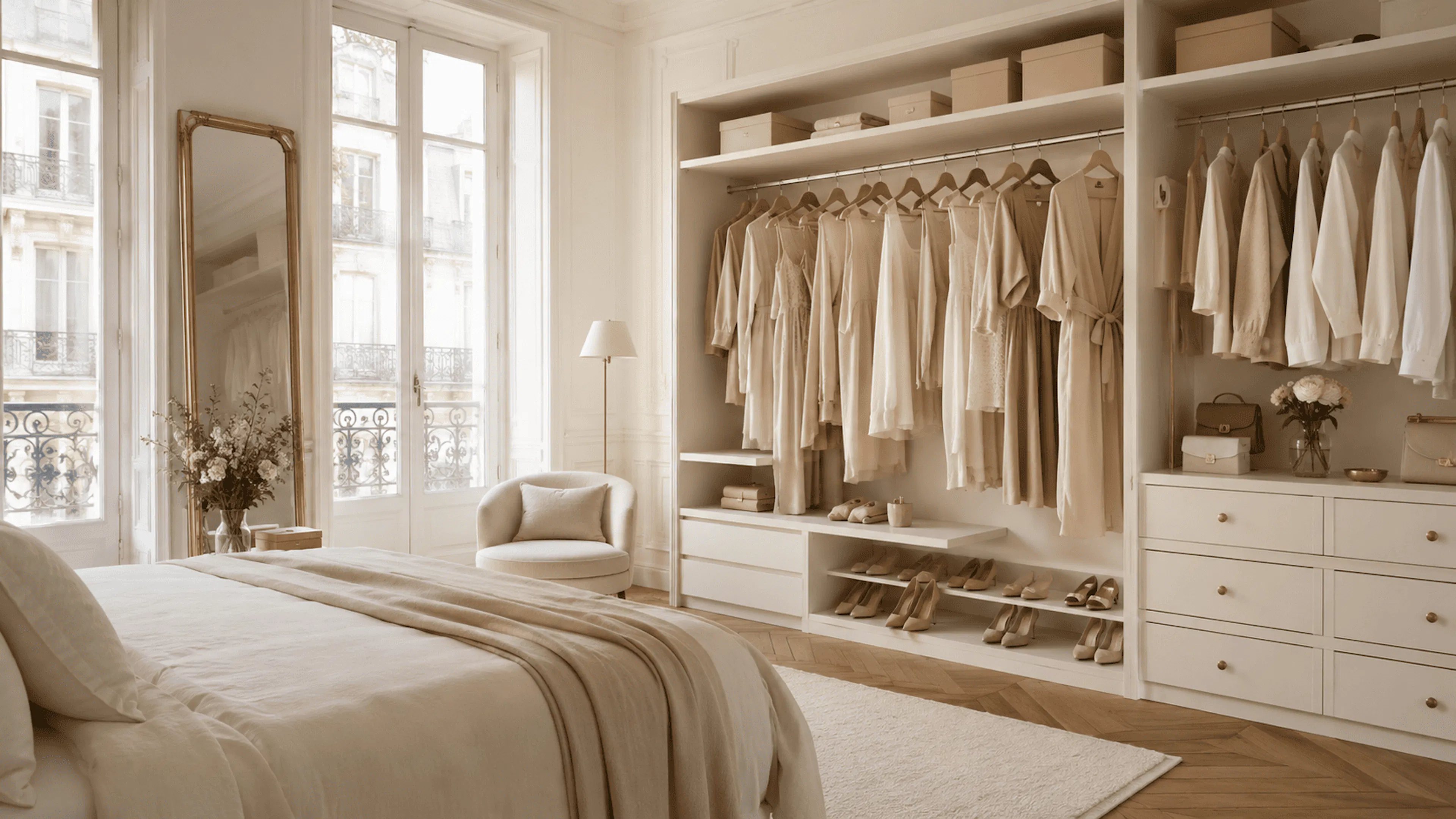 Dressing capsule femme élégant dans un intérieur lumineux avec vêtements et accessoires organisés