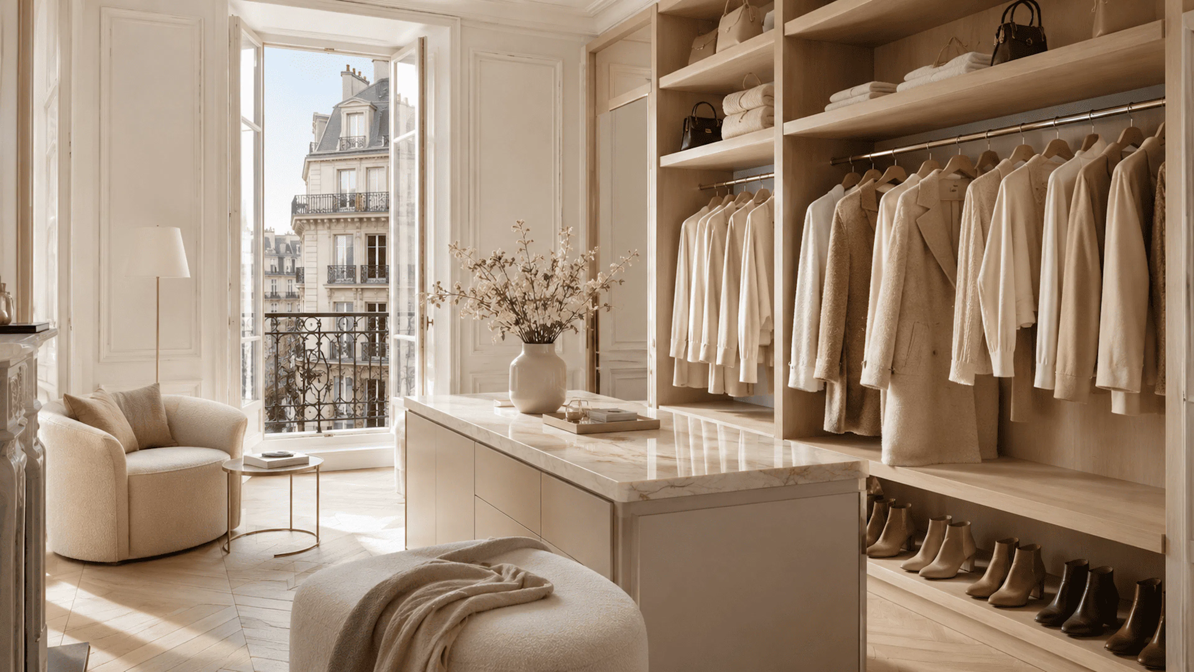 Ranger vêtements d’hiver dans un petit appartement avec un dressing clair et élégant